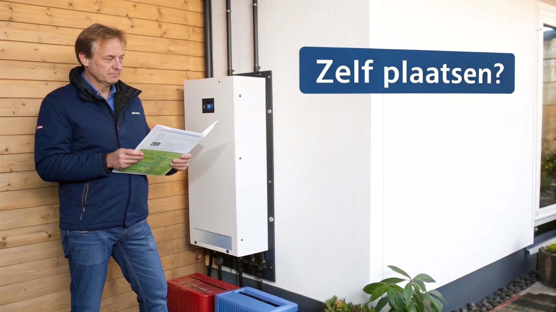 Een man leest een handleiding naast een thuisbatterij installatie, met de vraag 'Zelf plaatsen?'.