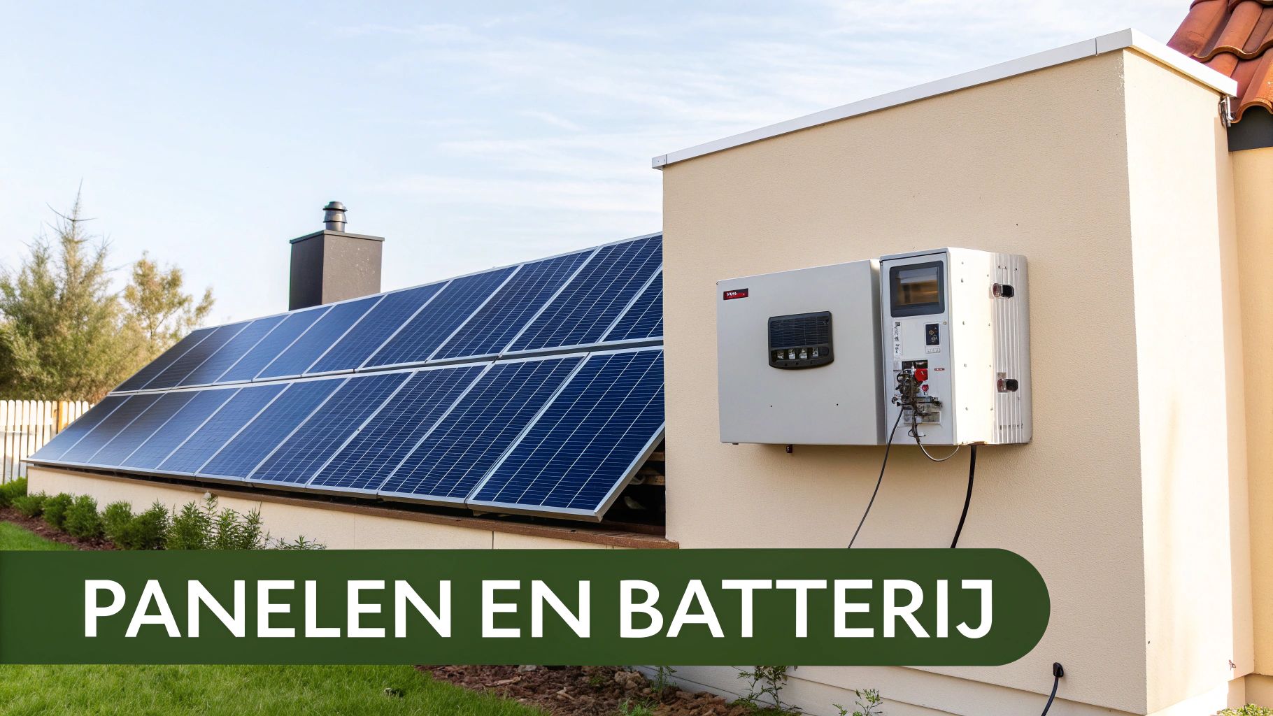 Zonnepanelen op een dak met een energieopslagsysteem aan de muur van een gebouw.