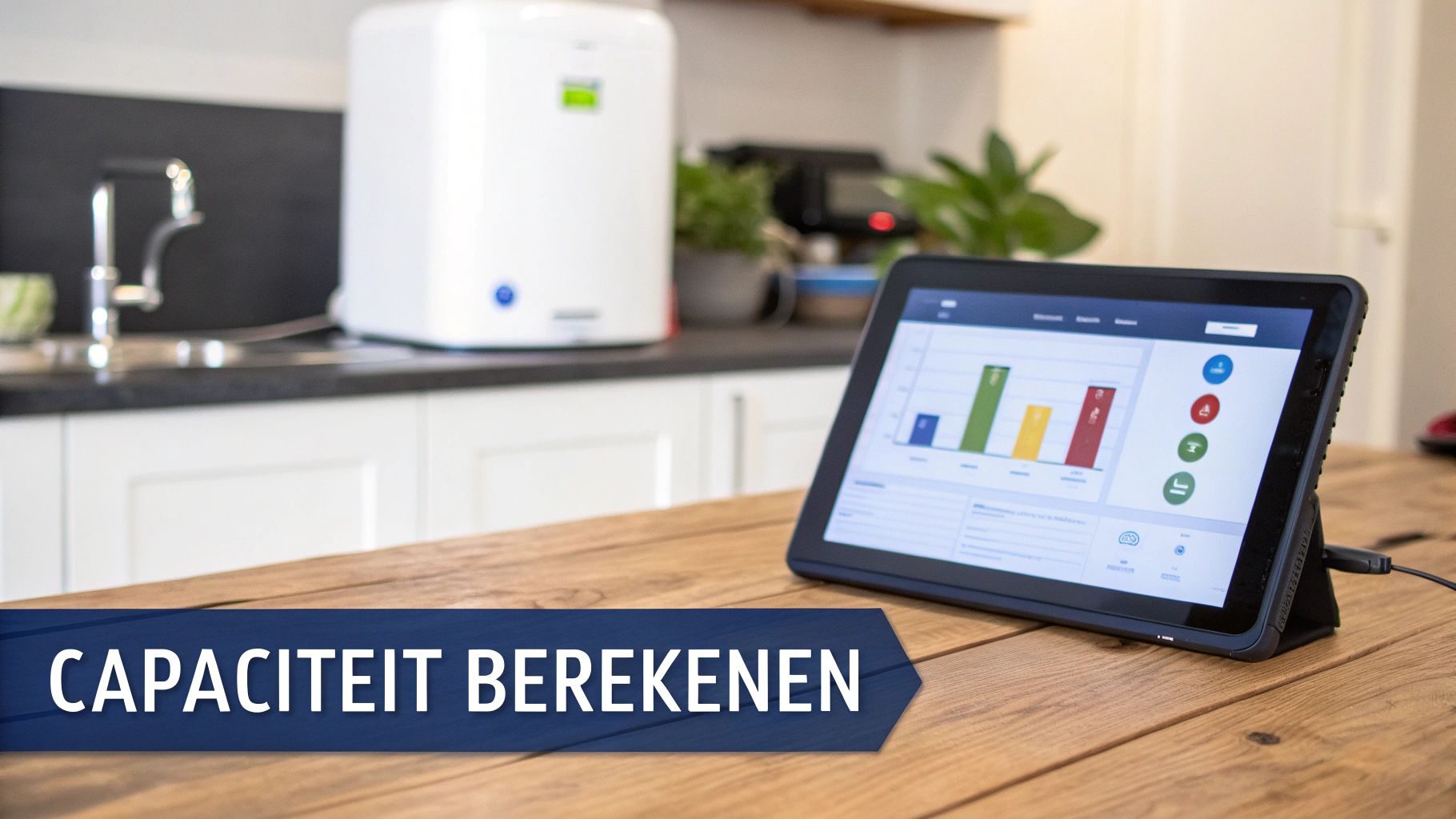 Tablet met energiegrafieken op houten tafel, naast een wit waterfilter in een moderne keuken.