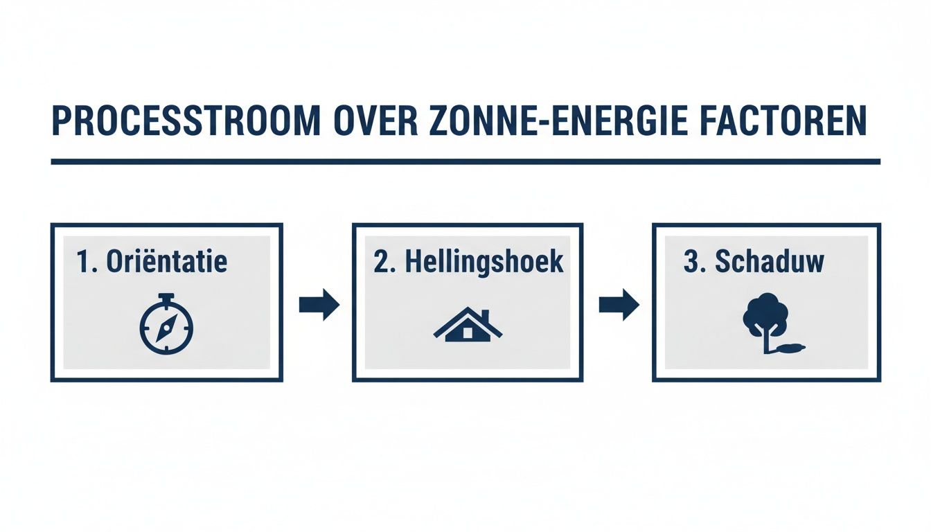 Een stroomschema dat de drie belangrijkste factoren voor zonne-energieproductie weergeeft: oriëntatie, hellingshoek en schaduw.