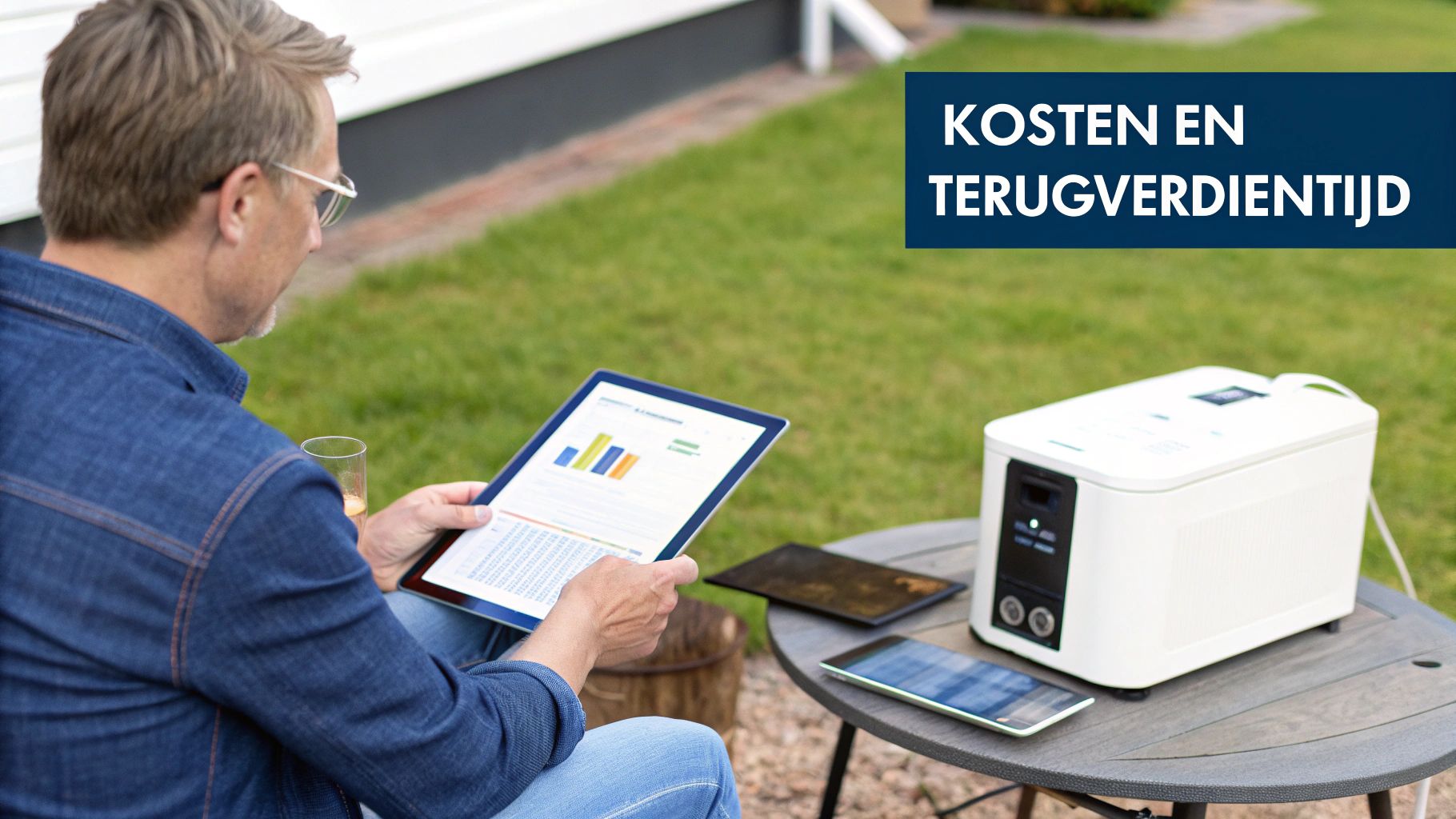 Man bekijkt tablet met grafieken over kosten en terugverdientijd van een draagbare batterij op een buitentafel.