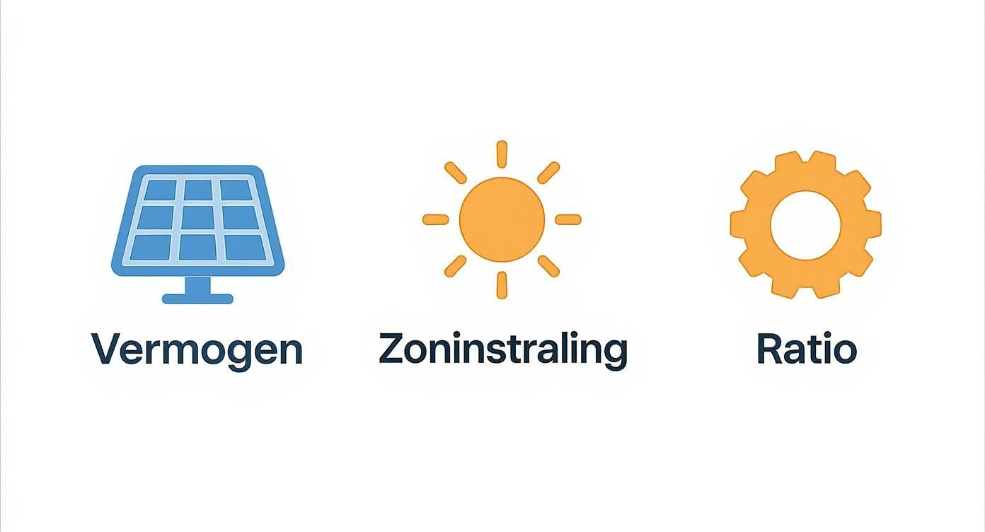Drie iconen: een zonnepaneel met 'Vermogen', een zon met 'Zoninstraling' en een tandwiel met 'Ratio'.