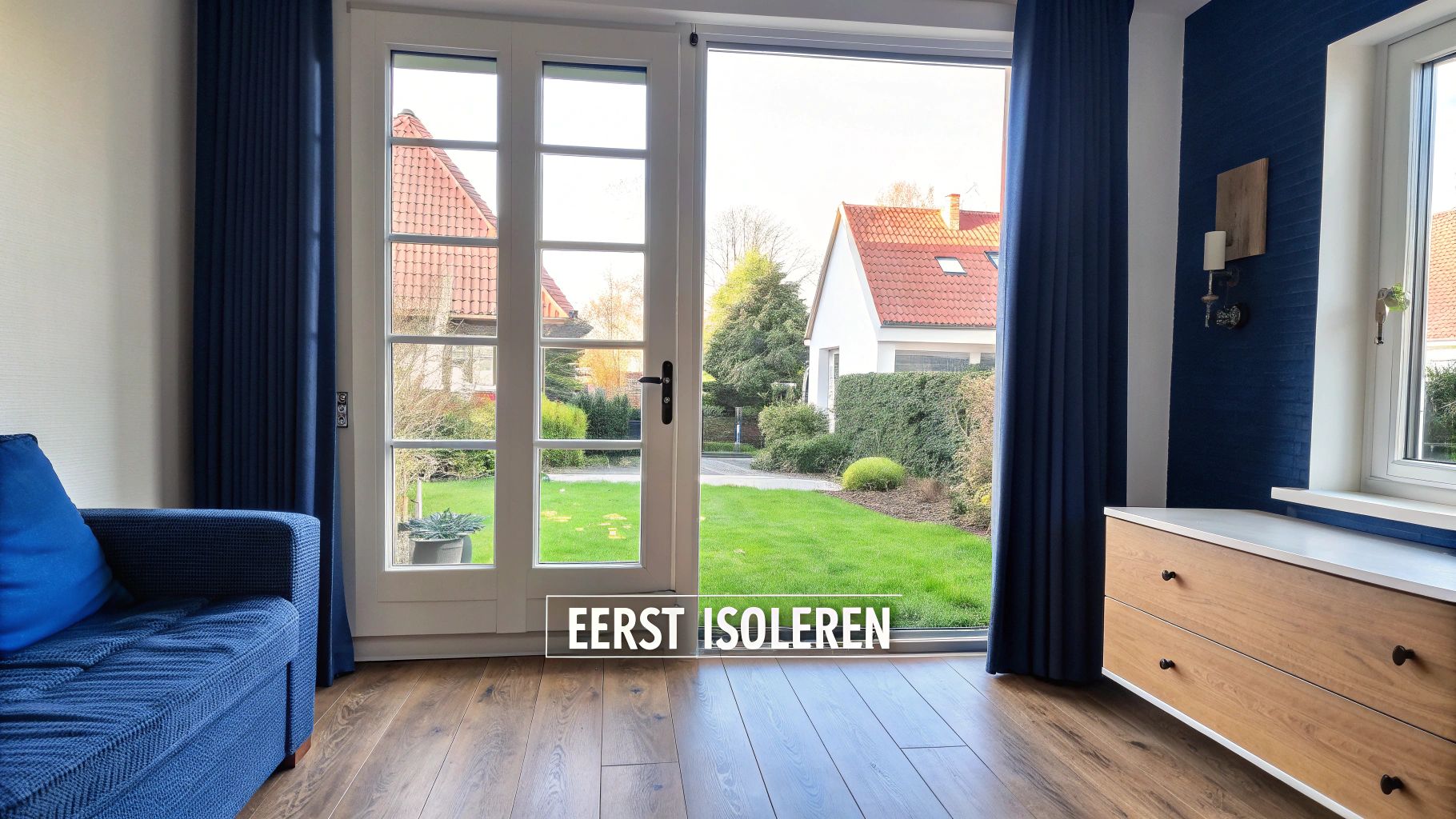 Binnenfoto van een woonkamer met blauwe meubels, openslaande deuren naar een groene tuin en de tekst 'EERST ISOLEREN'.