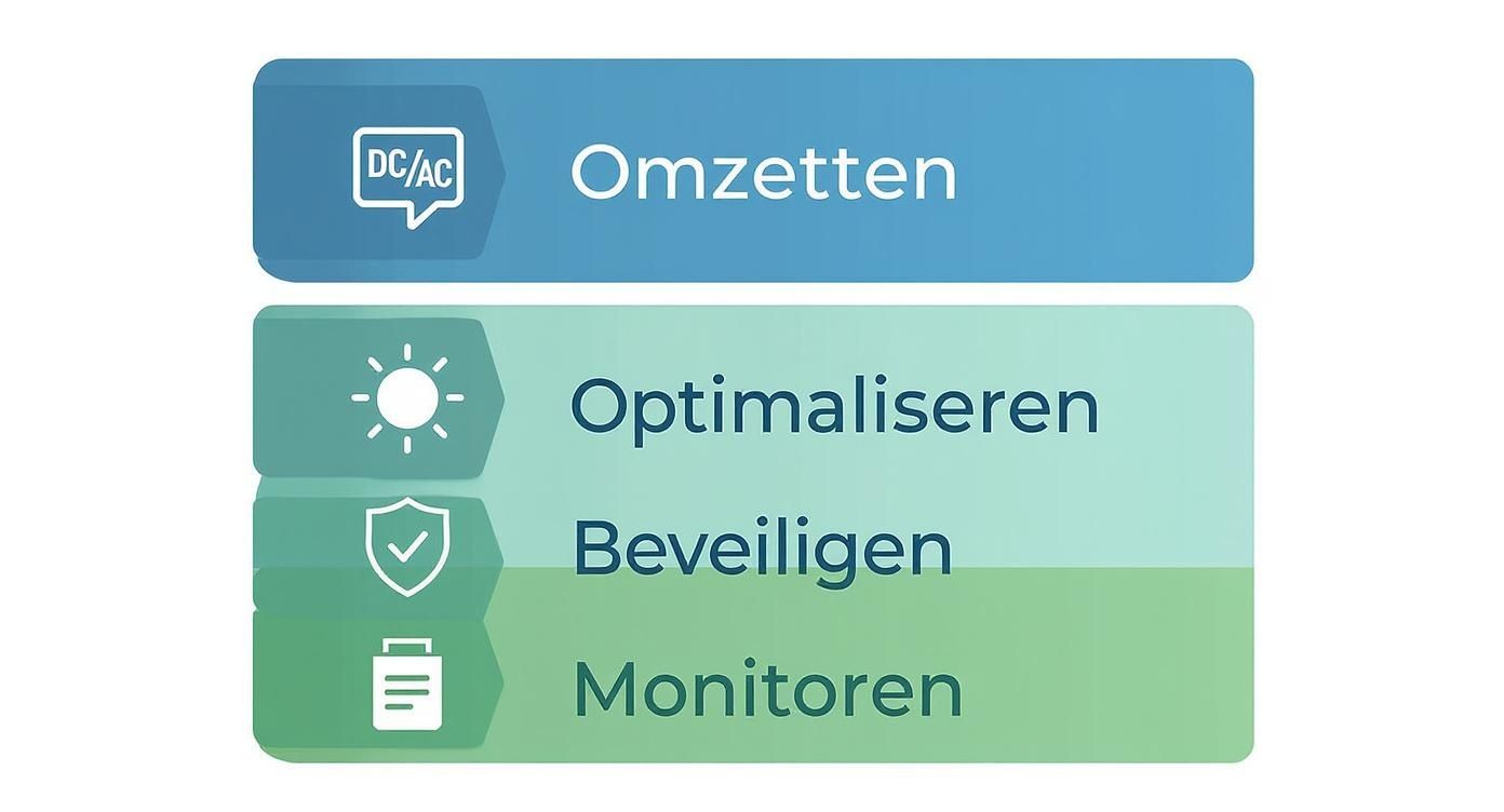 Infographic die de hiërarchie van omvormerfuncties toont, van de hoofdfunctie omzetten tot subfuncties als optimaliseren, beveiligen en monitoren.