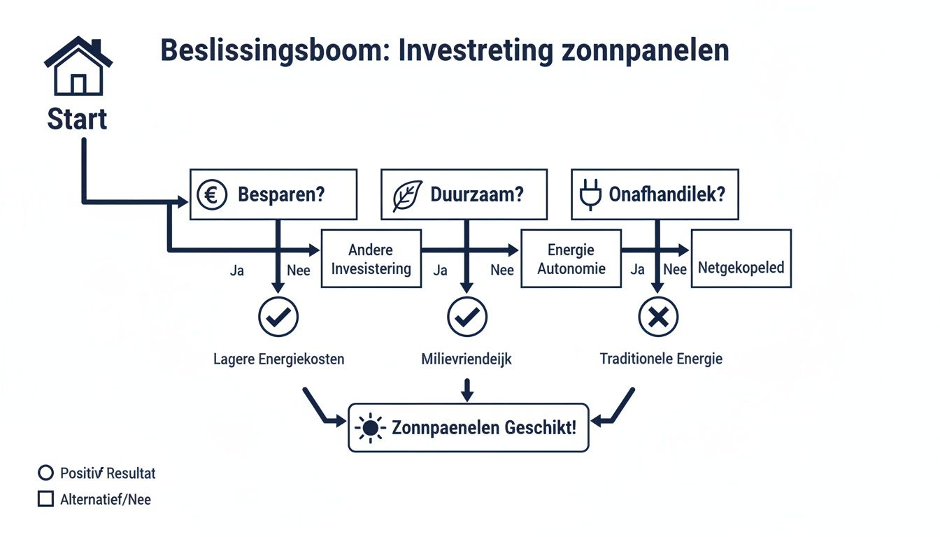 Beslissingsboom over investering in zonnepanelen, met vragen over besparen, duurzaamheid en onafhankelijkheid, leidend tot geschiktheid.