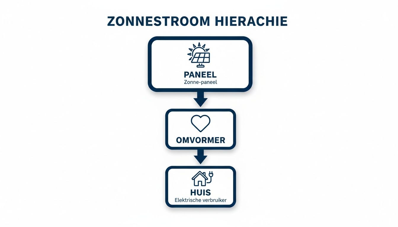 Een infographic die de hiërarchie van zonnestroom toont, van zonnepanelen via de omvormer naar het huis.