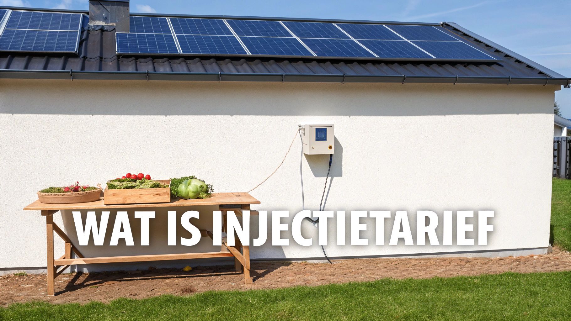 Huis met zonnepanelen op het dak, een omvormer aan de muur en een tafel met verse producten.