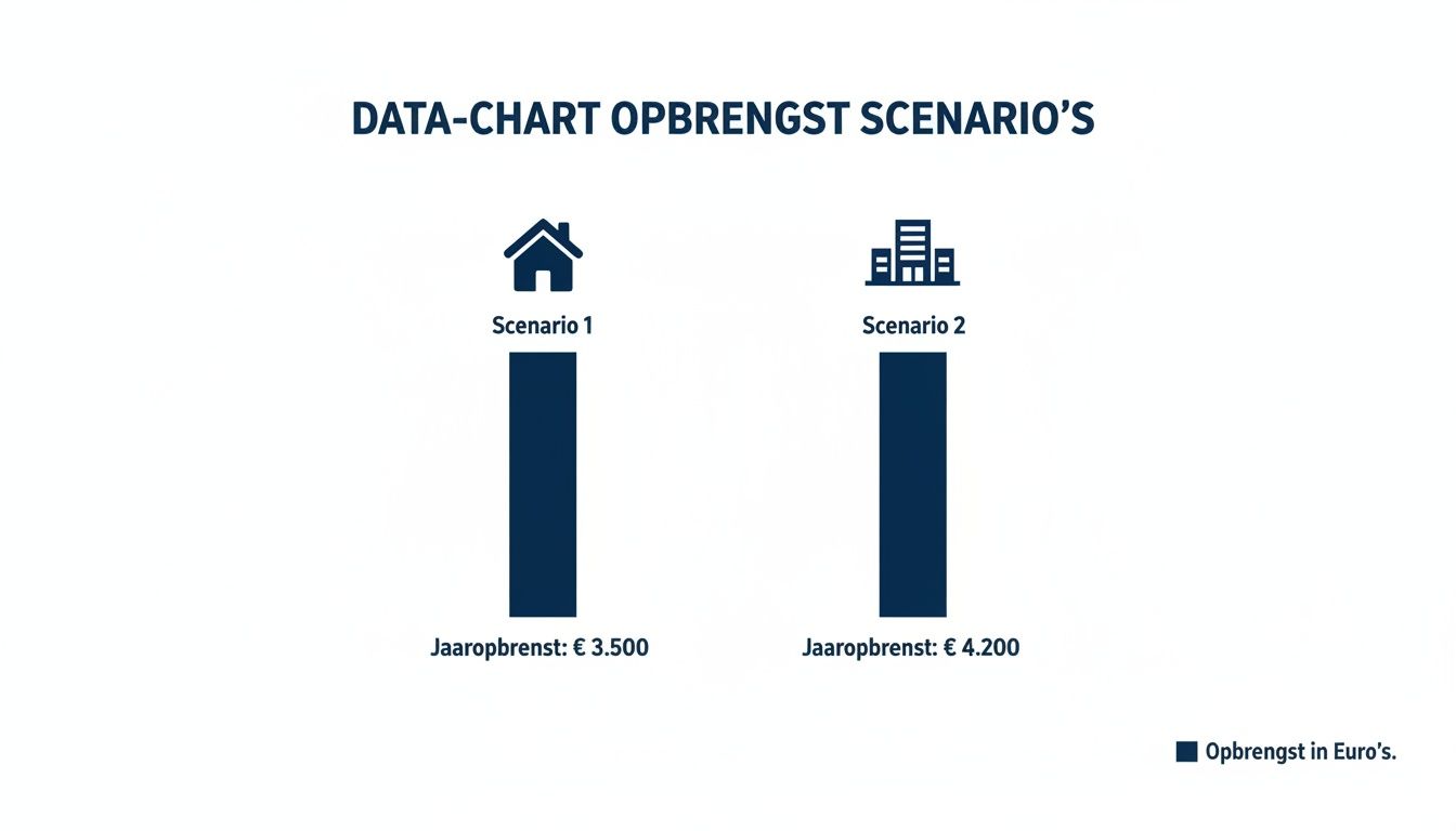 Datachart met twee opbrengstscenario's: Scenario 1 (huis) ā¬3.500 en Scenario 2 (gebouw) ā¬4.200.