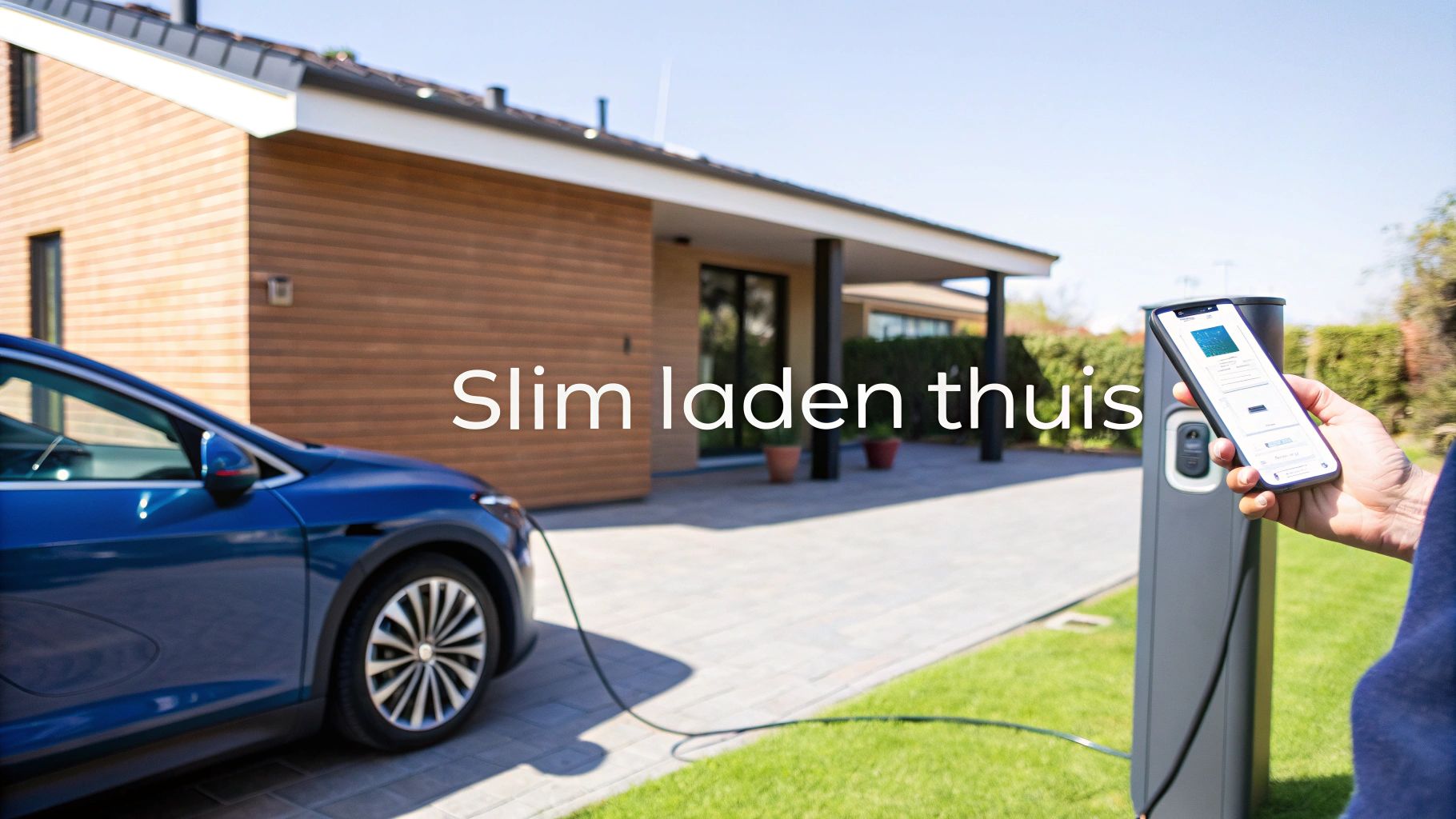Elektrische auto wordt thuis opgeladen met een slimme laadpaal en een mobiele app.