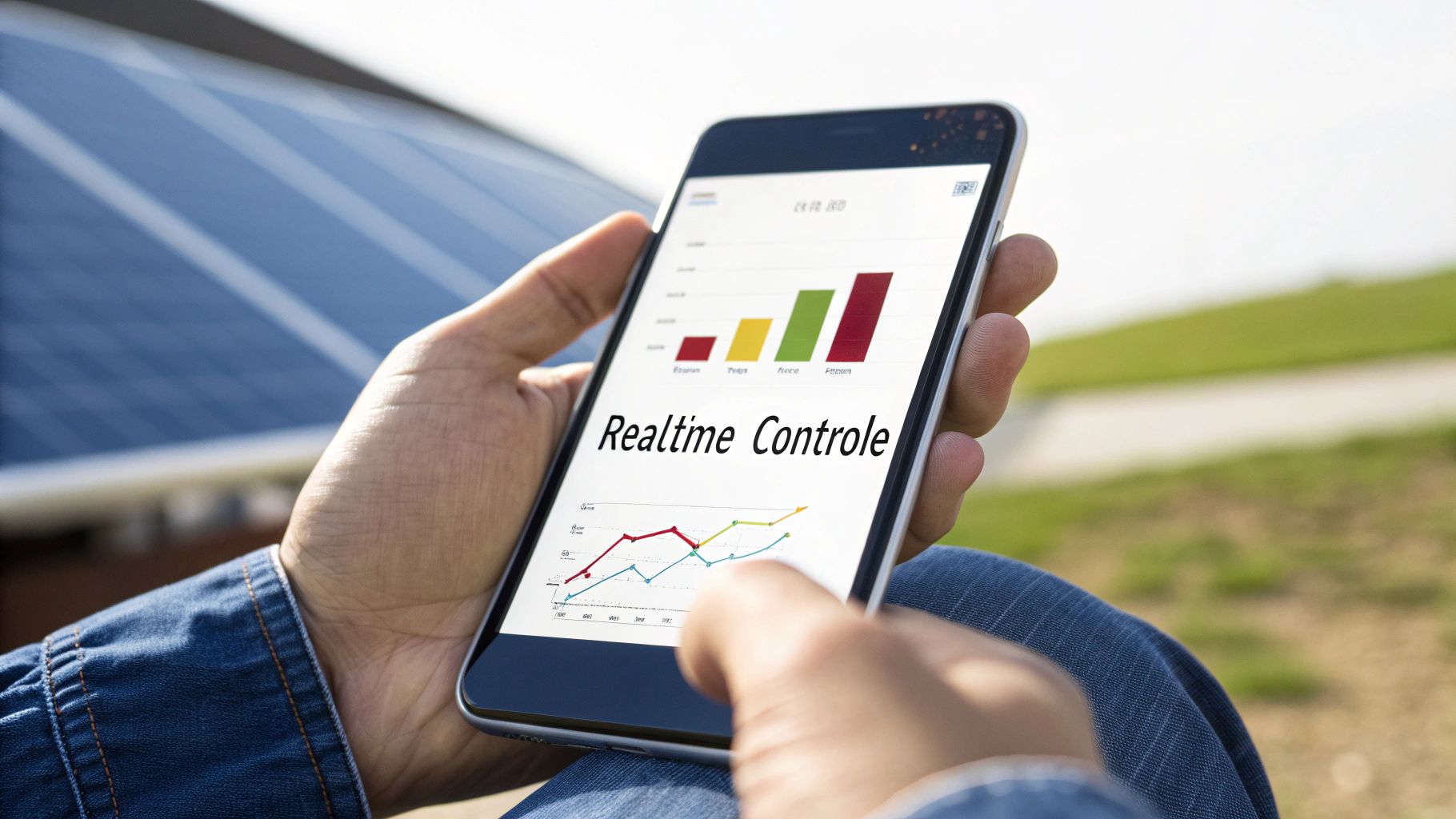 Een persoon houdt een smartphone vast die een 'Realtime Controle' app toont met energiegegevens en grafieken, tegen de achtergrond van een zonnepaneel.
