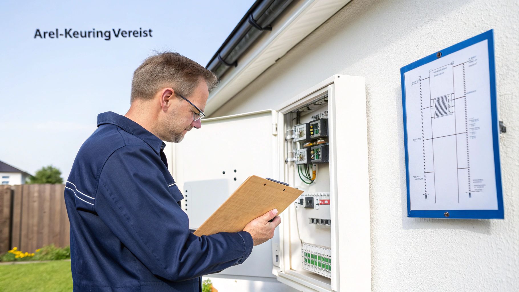 Een technicus inspecteert een elektrische installatie buiten een huis, met een klembord in zijn handen.