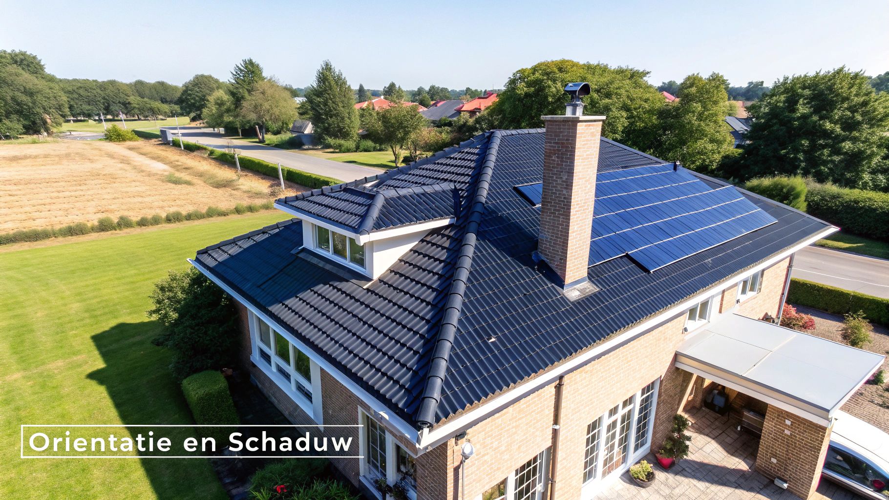 Zonnepanelen op een dak met aandacht voor oriƫntatie en mogelijke schaduw.