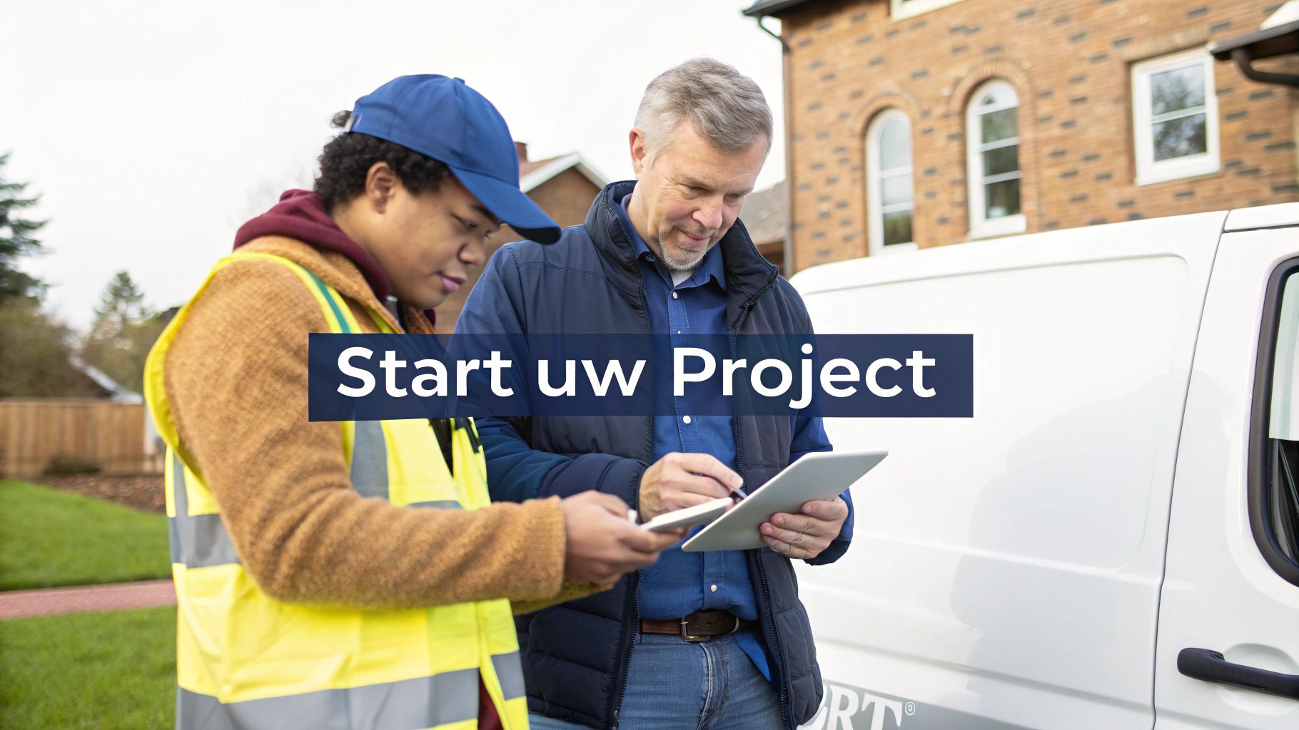 Twee mannen, een in veiligheidsvest, bespreken een project op een tablet bij een busje. Tekst: Start uw Project.