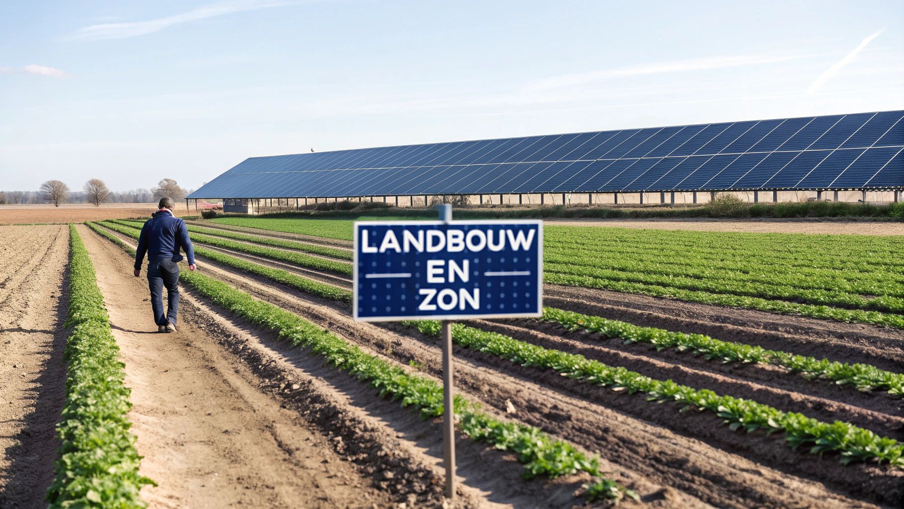 Man loopt over een akker met groene gewassen, naast een rij zonnepanelen en een bord.