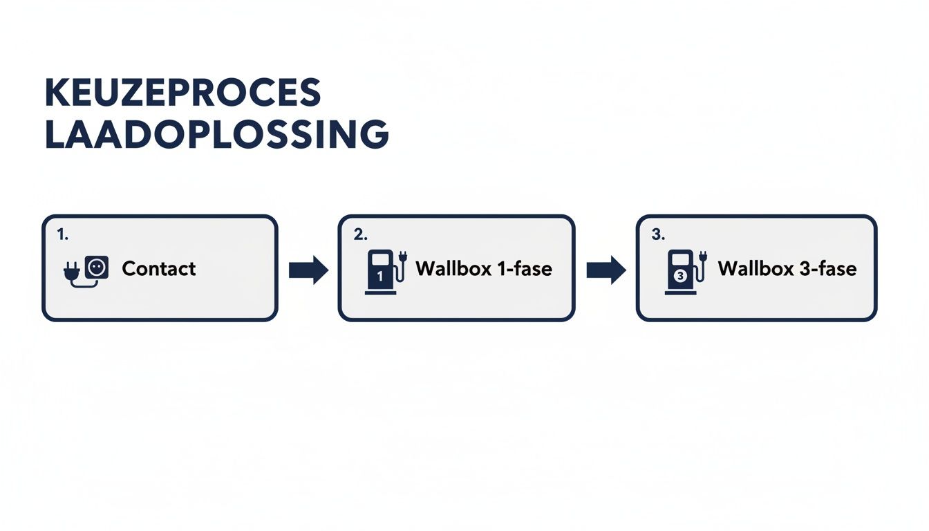 Schematisch keuzeproces voor een laadoplossing: van contact tot installatie van 1-fase of 3-fase wallbox.