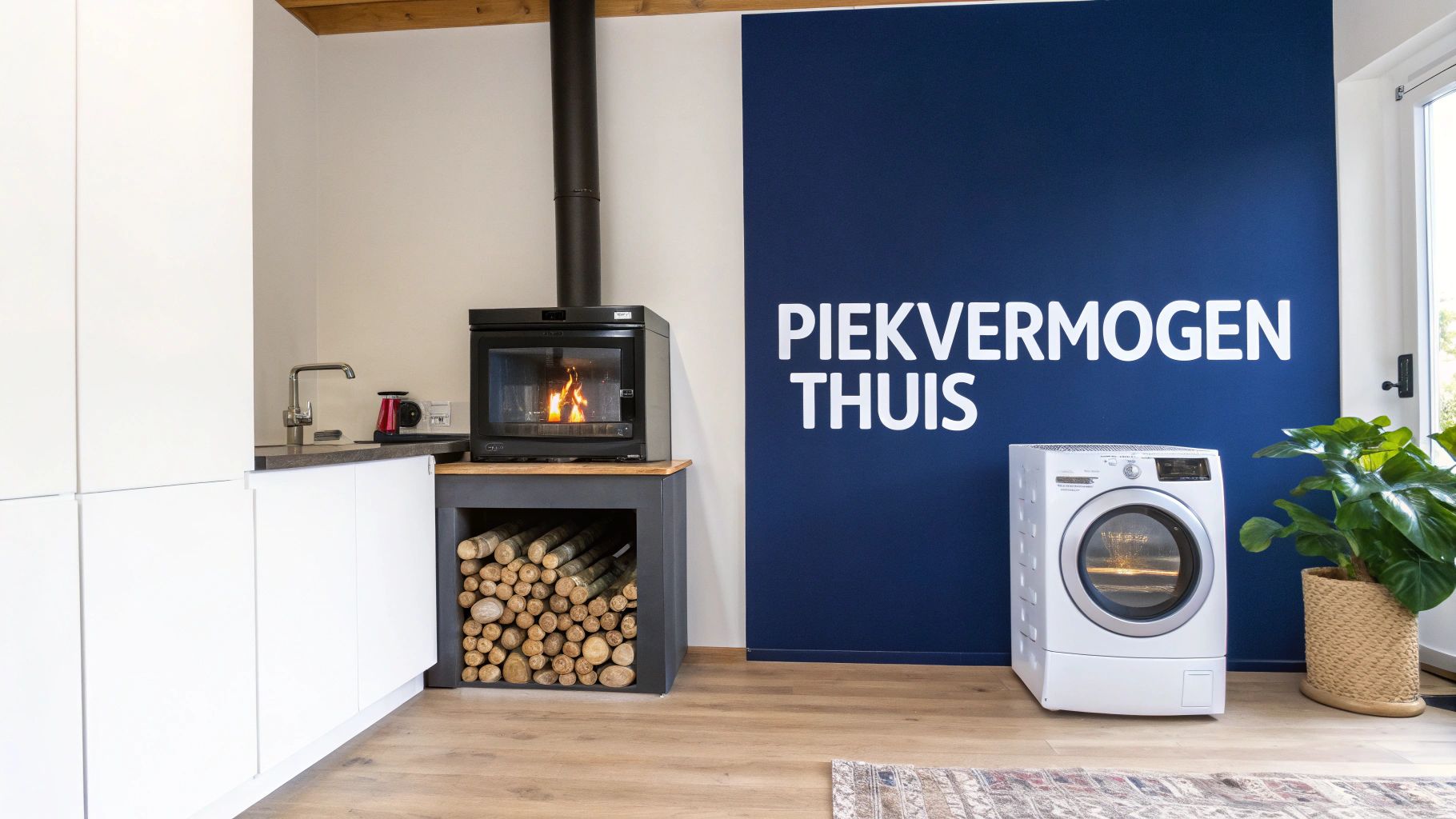 Moderne ruimte met wit keukenblok, brandende houtkachel, wasmachine en plant tegen een blauwe muur.