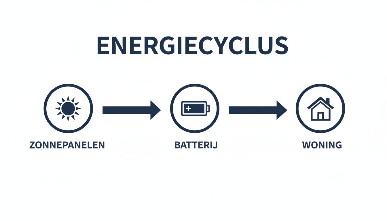 Schematische weergave van de energiecyclus: zonnepanelen wekken energie op, slaan het op in een batterij, en leveren het aan een woning.