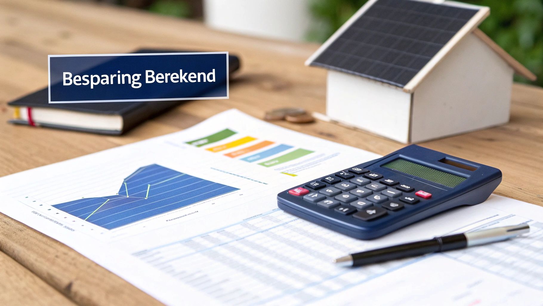 Bureau met financiƫle documenten, rekenmachine, een huisje met zonnepanelen en de tekst 'Besparing Berekend'.