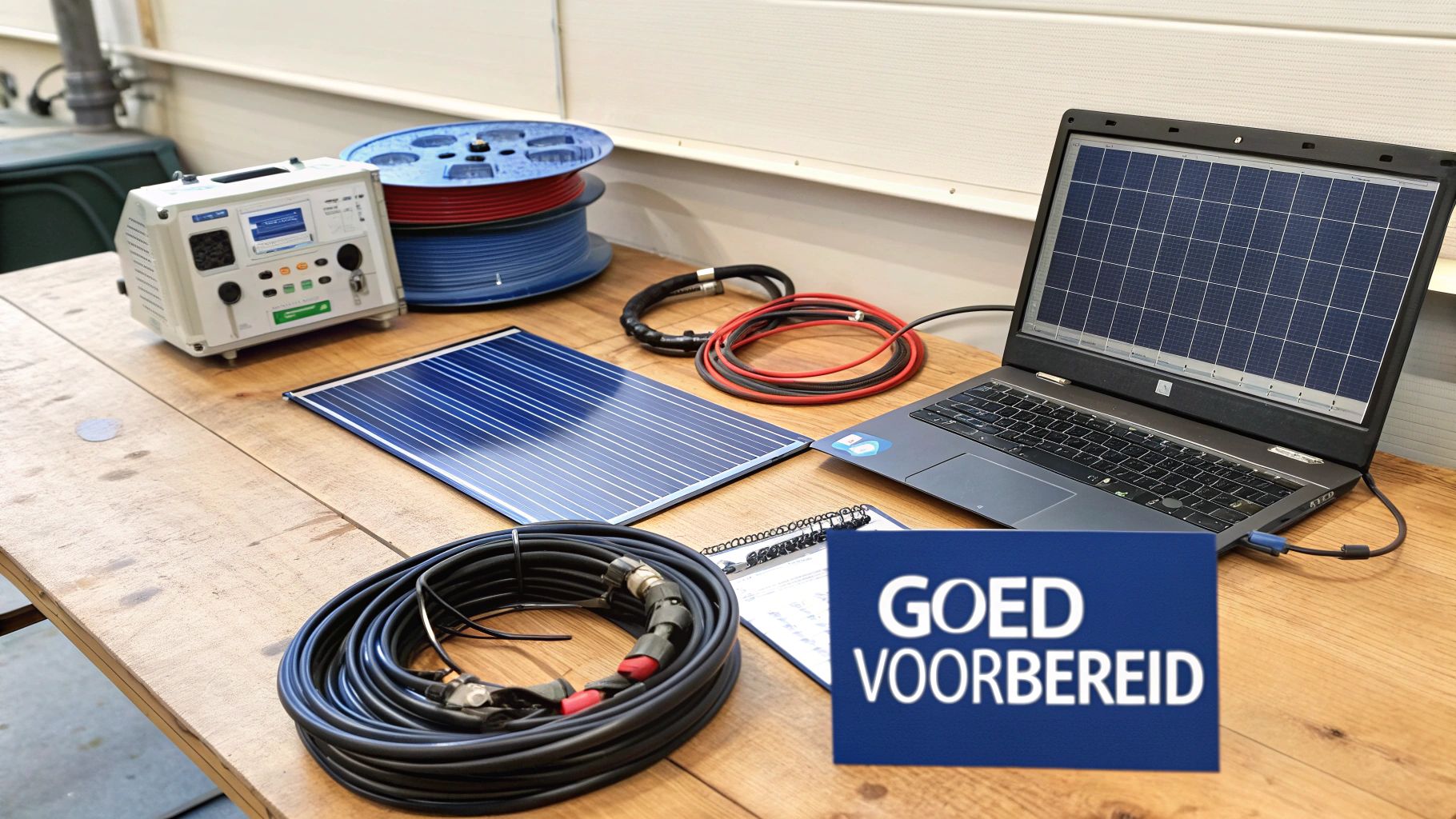 Een uitgebreide set omvormer- en zonnepaneelapparatuur met kabels en een laptop op een houten tafel.
