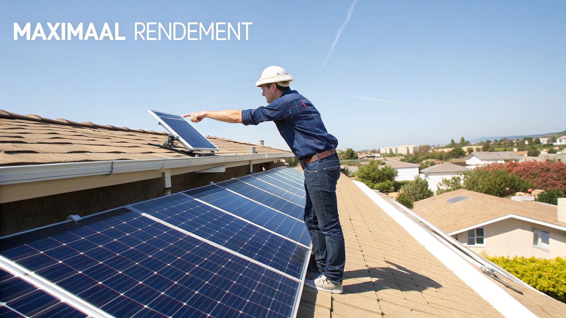Man met veiligheidshelm wijst naar zonnepanelen op het dak van een huis onder een blauwe lucht.