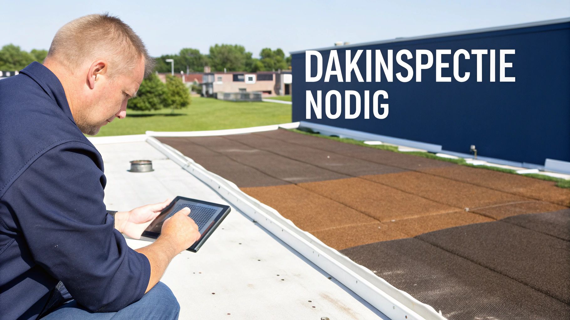 Een man inspecteert een plat dak met een tablet, met de tekst 'DAKINSPECTIE NODIG' op de achtergrond.