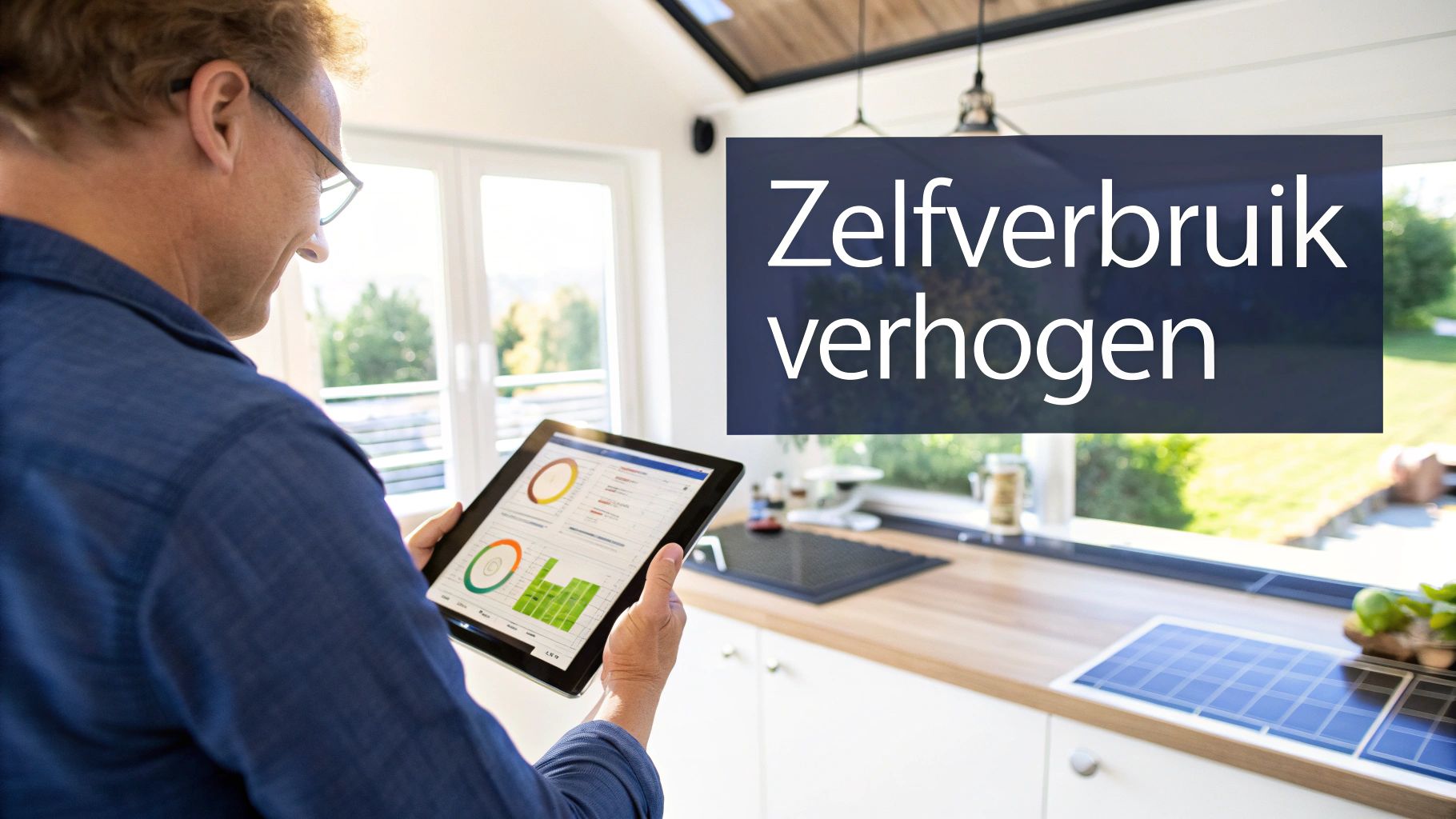 Man bekijkt energieverbruik en zonnepanelen data op tablet in een moderne keuken.