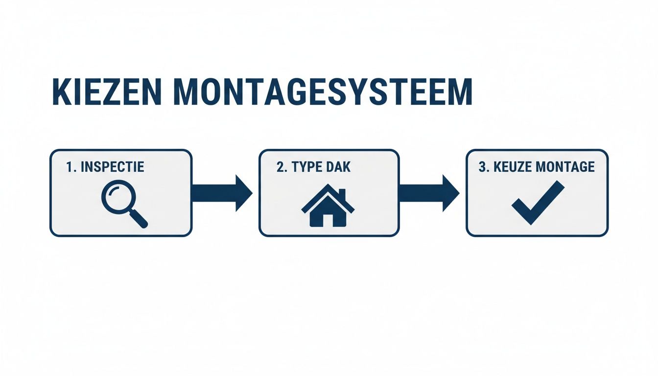 Stroomschema voor het kiezen van een montagesysteem voor zonnepanelen, met stappen voor inspectie, daktype en montagekeuze.