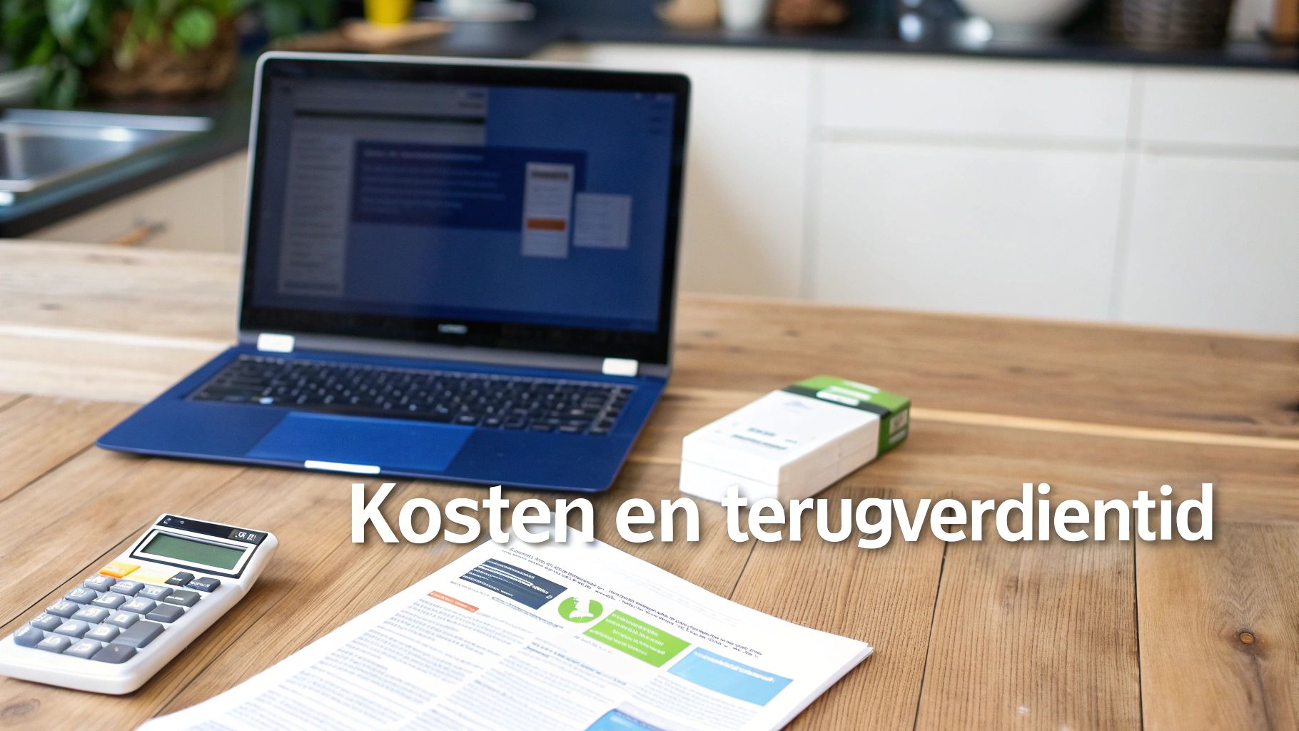 Een laptop, rekenmachine, document en productverpakkingen liggen op een houten tafel. De tekst 'Kosten en terugverdientijd' is over de afbeelding geplaatst.