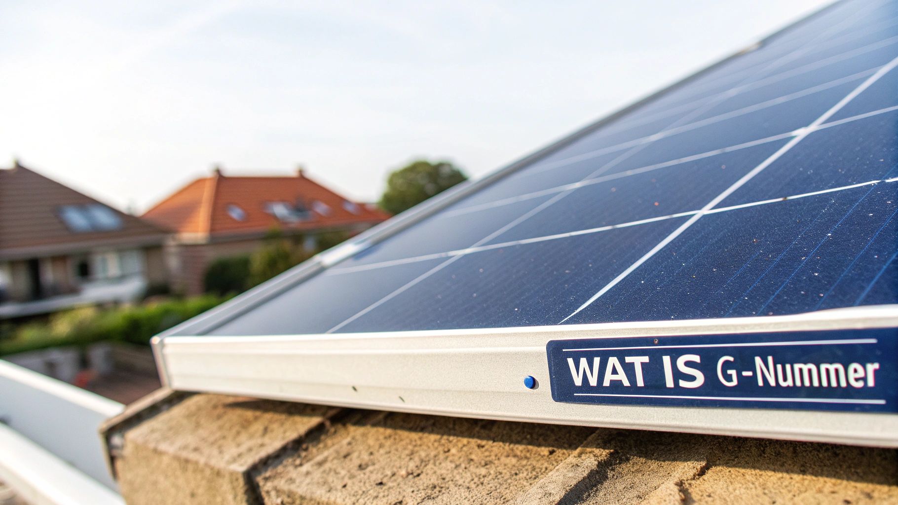 Close-up van een zonnepaneel op een dak met een sticker 'WAT IS G-Nummer'. Op de achtergrond zijn huizen zichtbaar.
