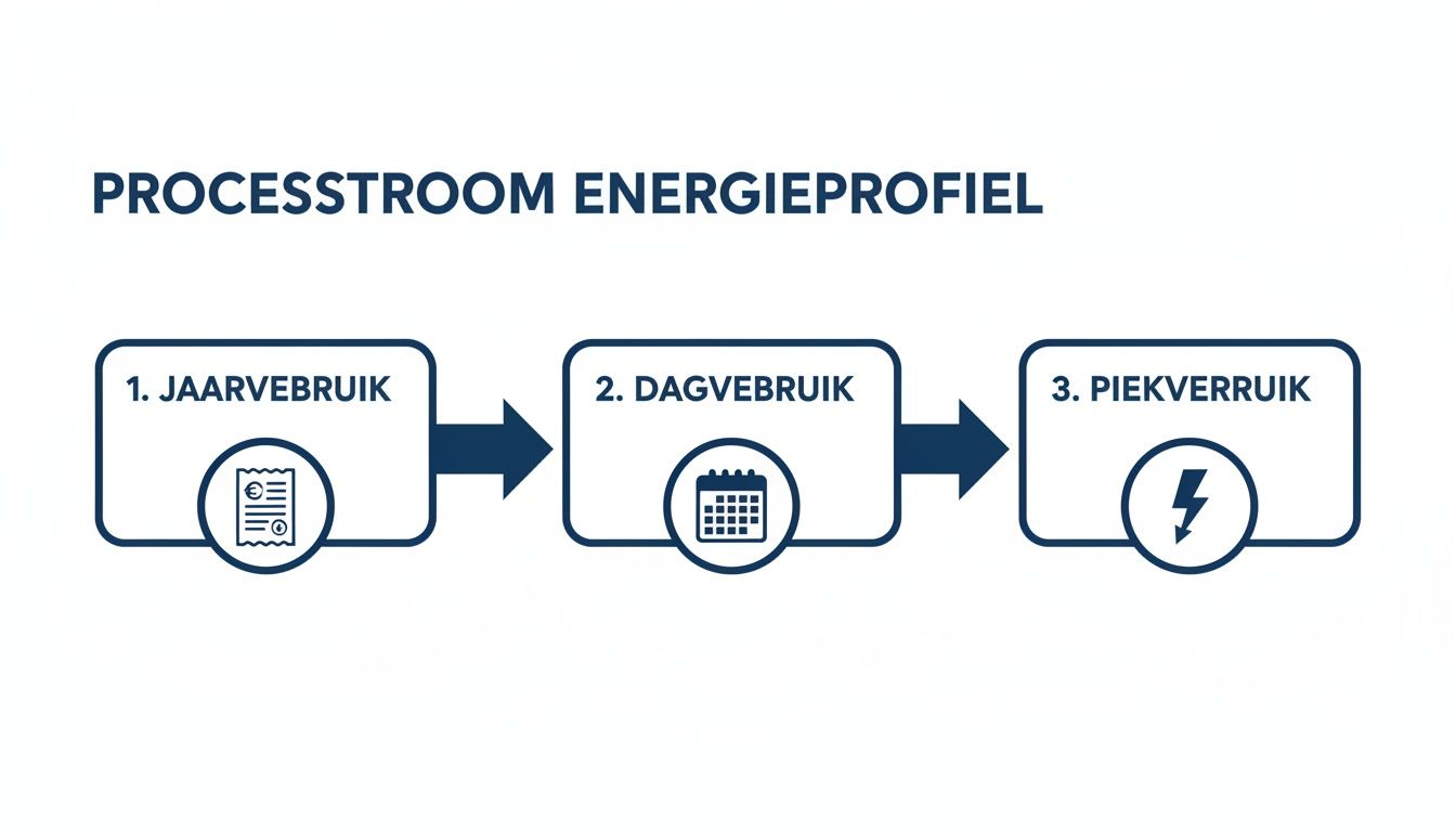 Processtroom van energieprofielanalyse: stappen voor jaar-, dag- en piekverbruik met bijbehorende iconen.