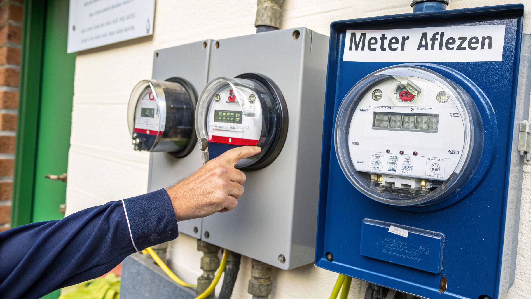 Hand van een persoon die wijst naar een slimme energiemeter voor het aflezen van de meterstand.