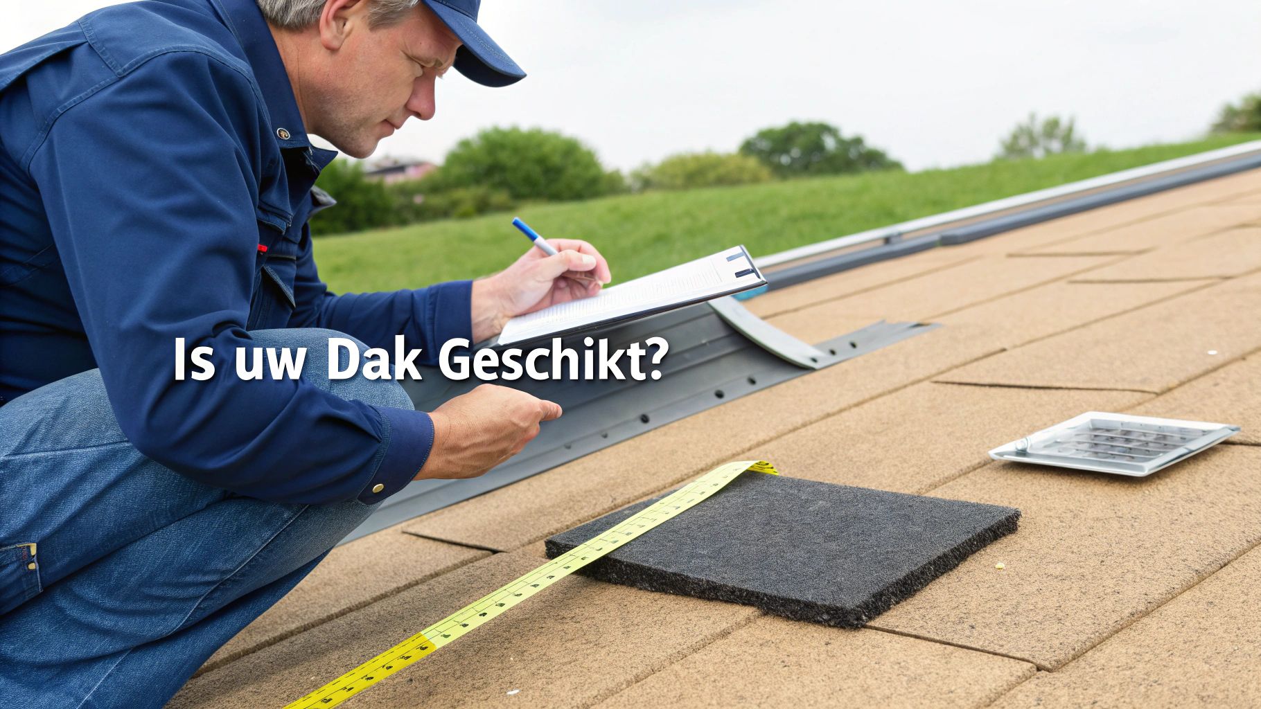 Een inspectie van een plat dak om de geschiktheid voor zonnepanelen te bepalen