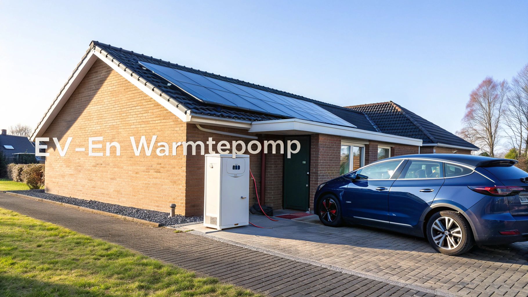 Modern huis met zonnepanelen op dak, warmtepomp en elektrische auto opladen voor slimme energiesturing