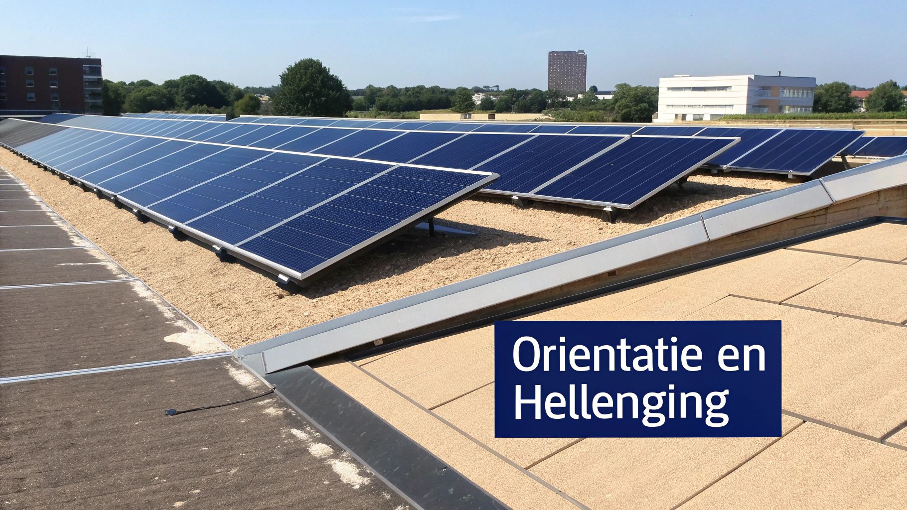 Zonnepanelen op plat dak met optimale oriëntatie en hellingshoek voor maximale energieopbrengst