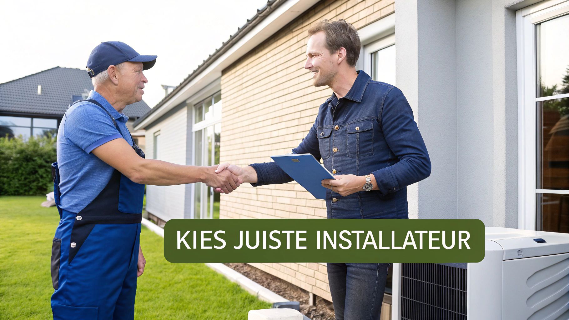 Twee mannen, een installateur en een klant, schudden handen bij een warmtepompinstallatie voor een huis.
