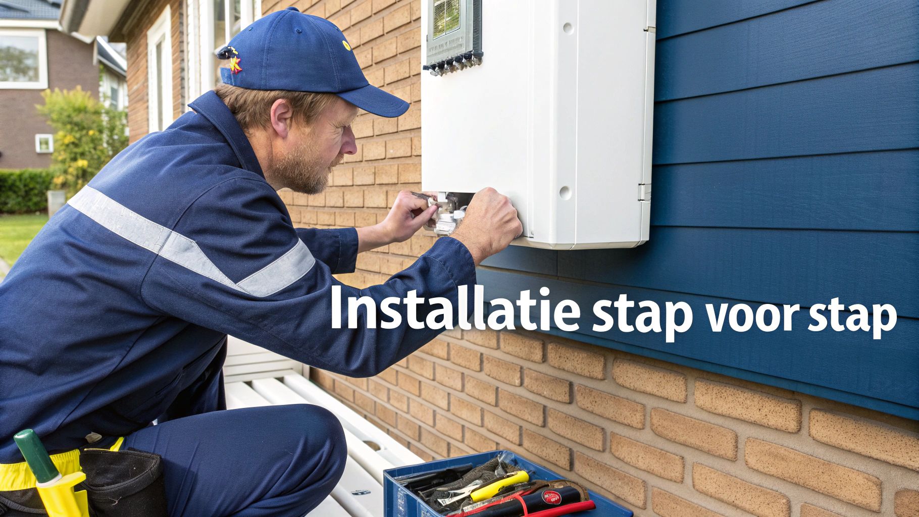 Installateur in blauw uniform installeert thuisbatterij systeem op buitenmuur van woning stap voor stap