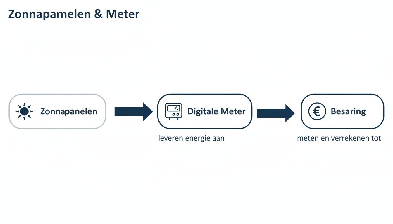 Schema van het proces van zonnepanelen die energie leveren aan een digitale meter voor besparing.