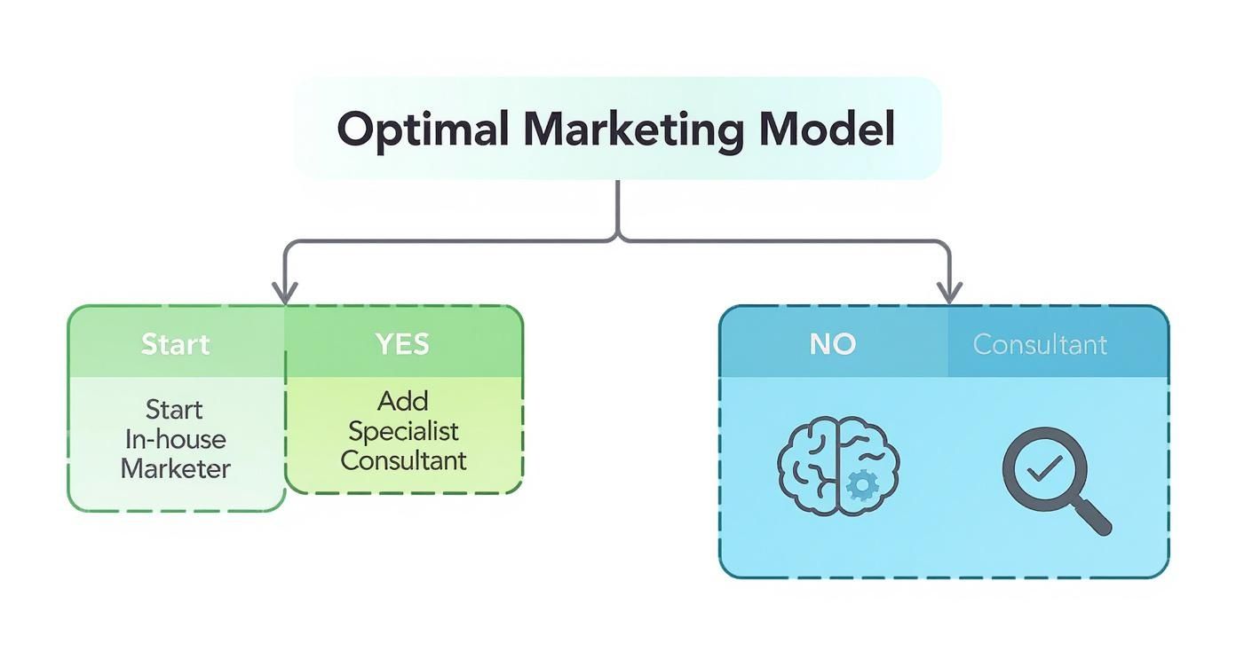 An infographic decision tree showing the optimal marketing model. It starts with 'In-house Marketer?' If yes, the path leads to 'Add Specialist Consultant.' If no, the path leads to 'Hire Specialist Consultant.'