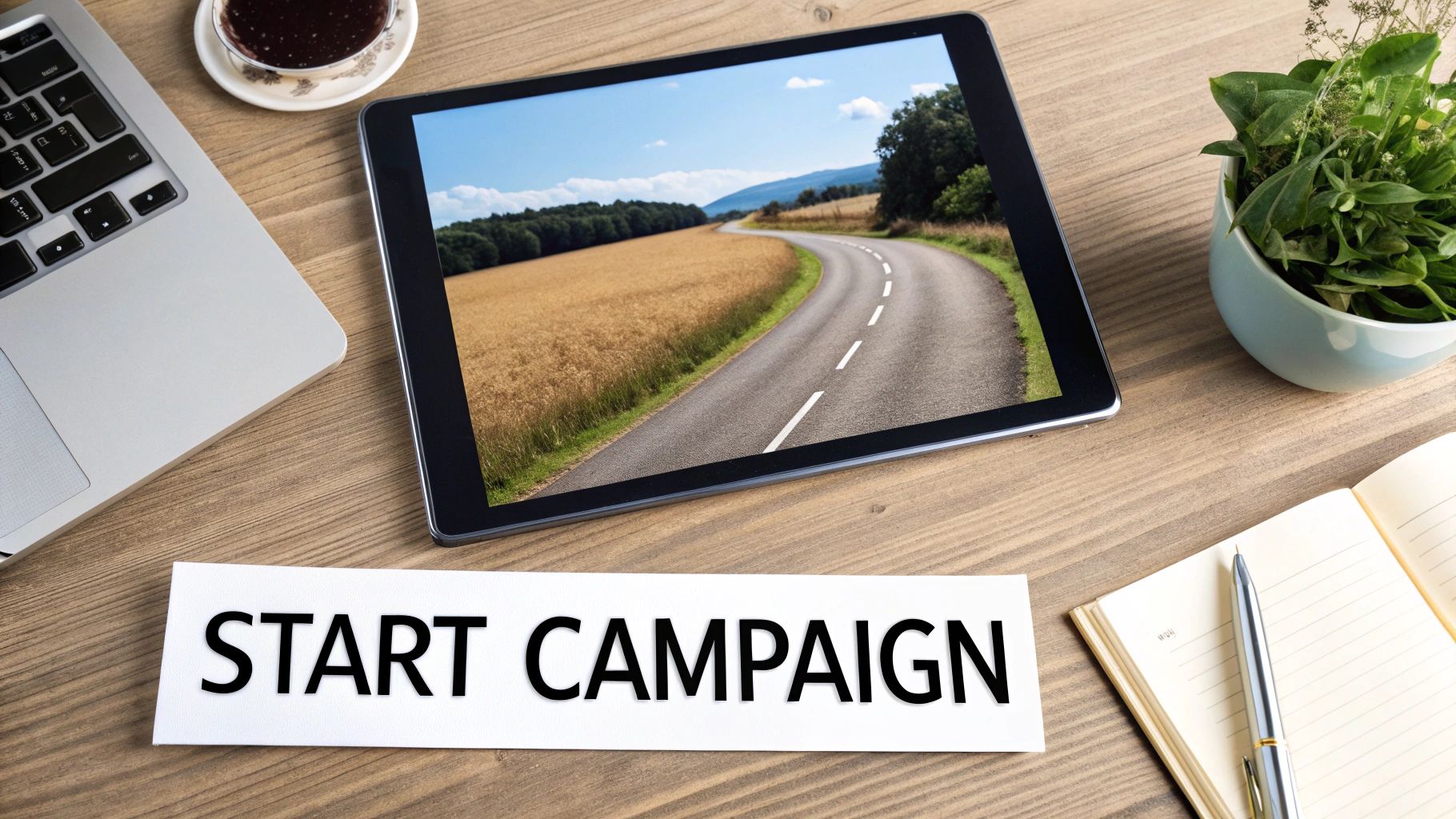 Overhead view of a desk with a laptop, tablet, coffee, and a 'START CAMPAIGN' sign, symbolizing new beginnings.