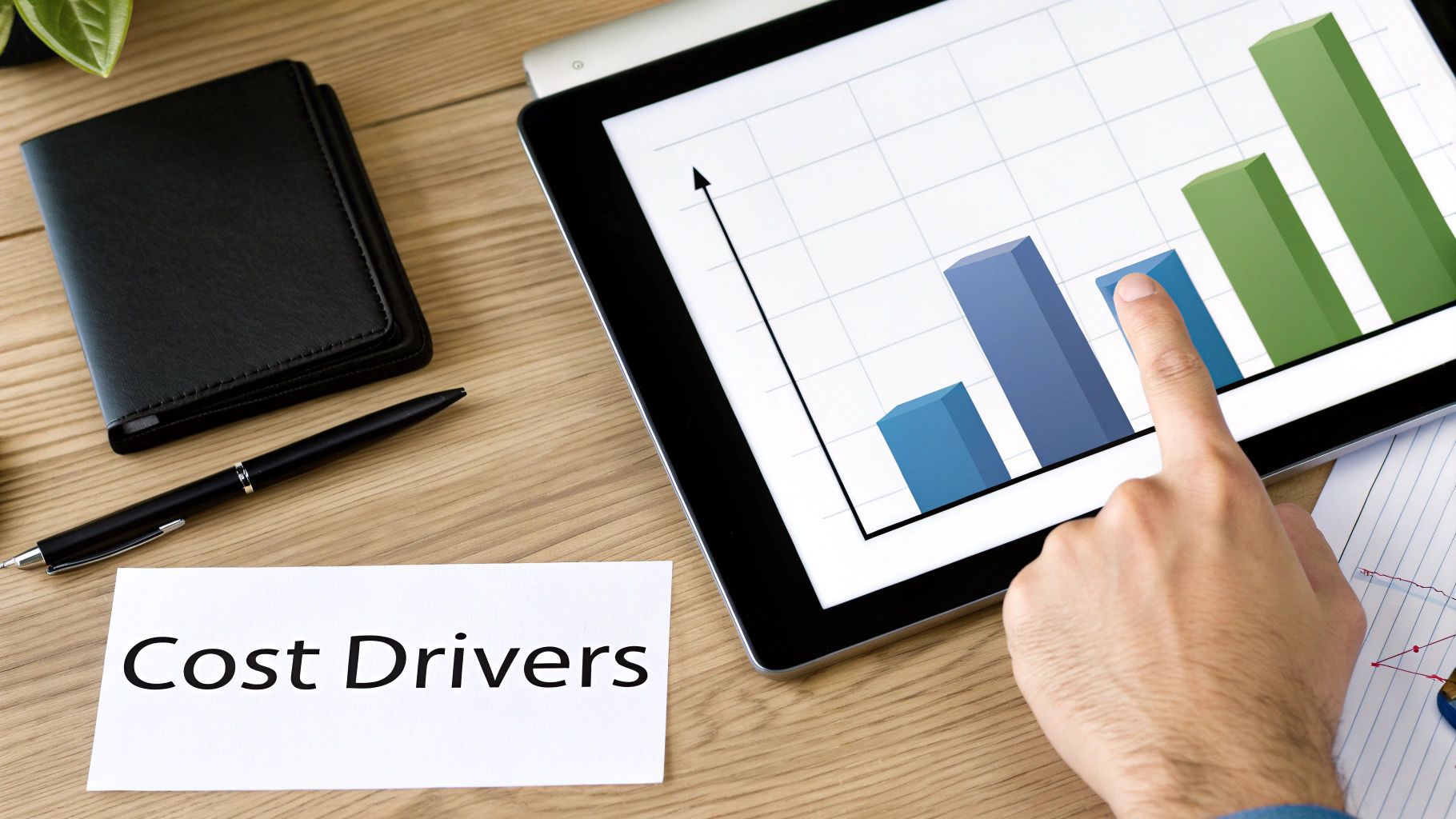 Business professional analyzing cost drivers data on tablet with bar chart and graphs
