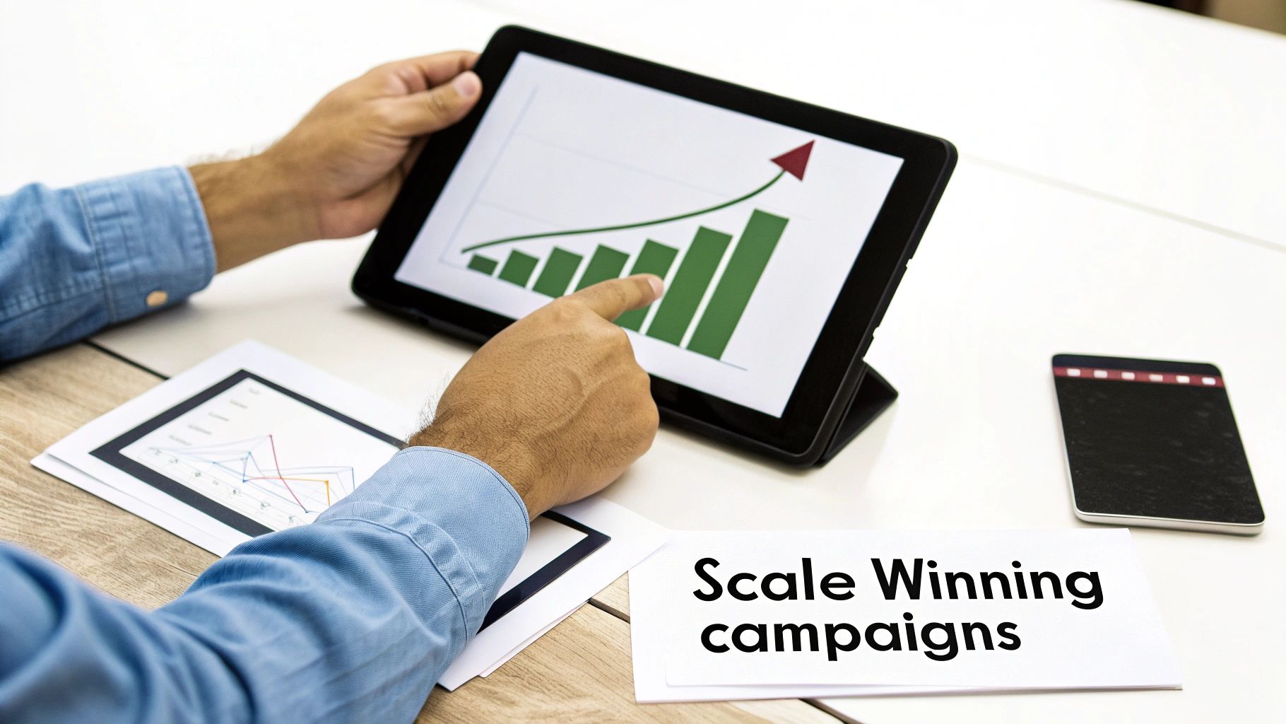A person pointing at a graph on a screen showing upward trends, symbolizing data-driven decision-making.