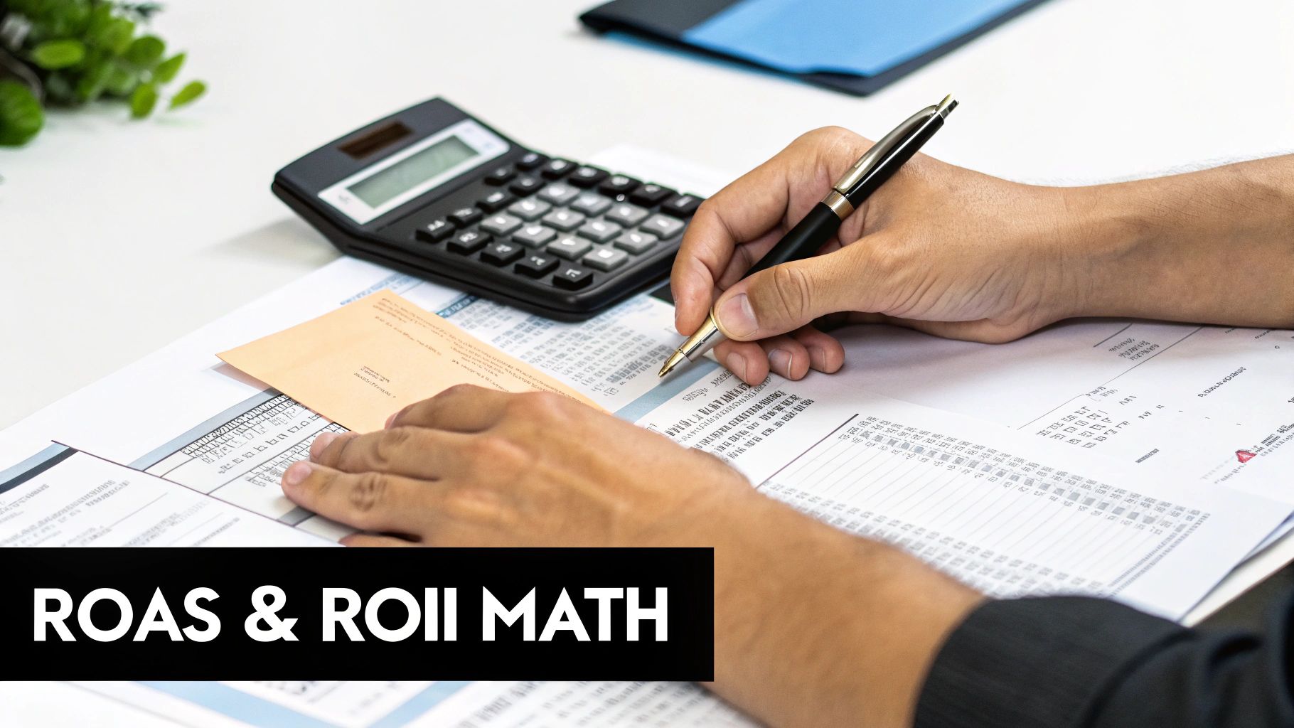 Person calculating ROAS and ROI metrics with financial documents, calculator, and pen on desk