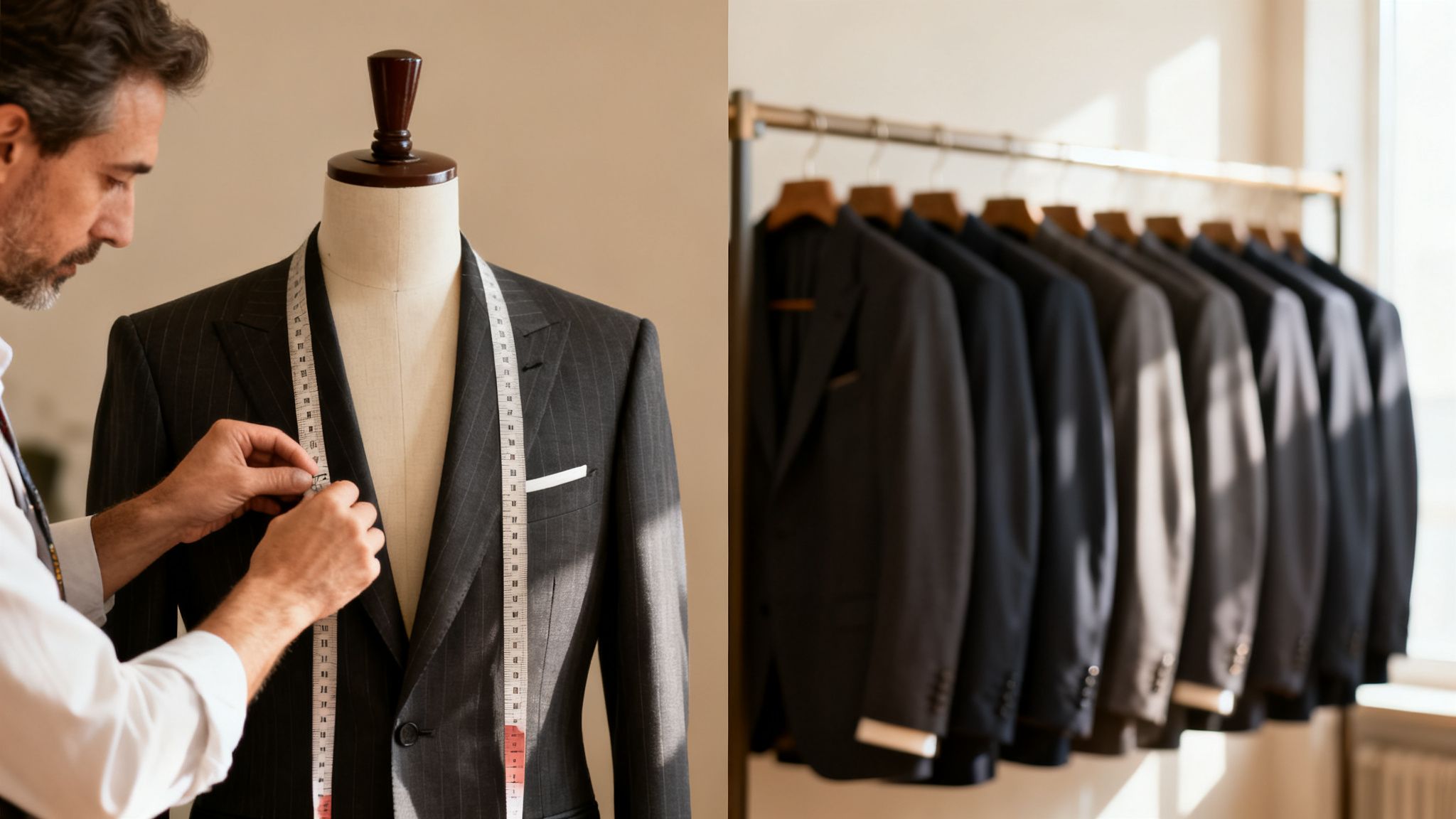 A tailor meticulously fitting a pinstripe suit on a mannequin, with dark suits on a rack in the background.