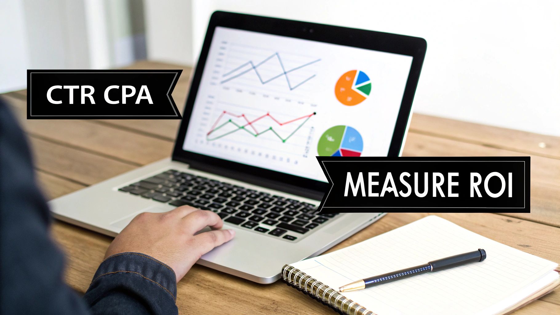 A person analyzes marketing data on a laptop with a laptop, charts and graphs, showing 'CTR CPA' and 'MEASURE ROI' banners.