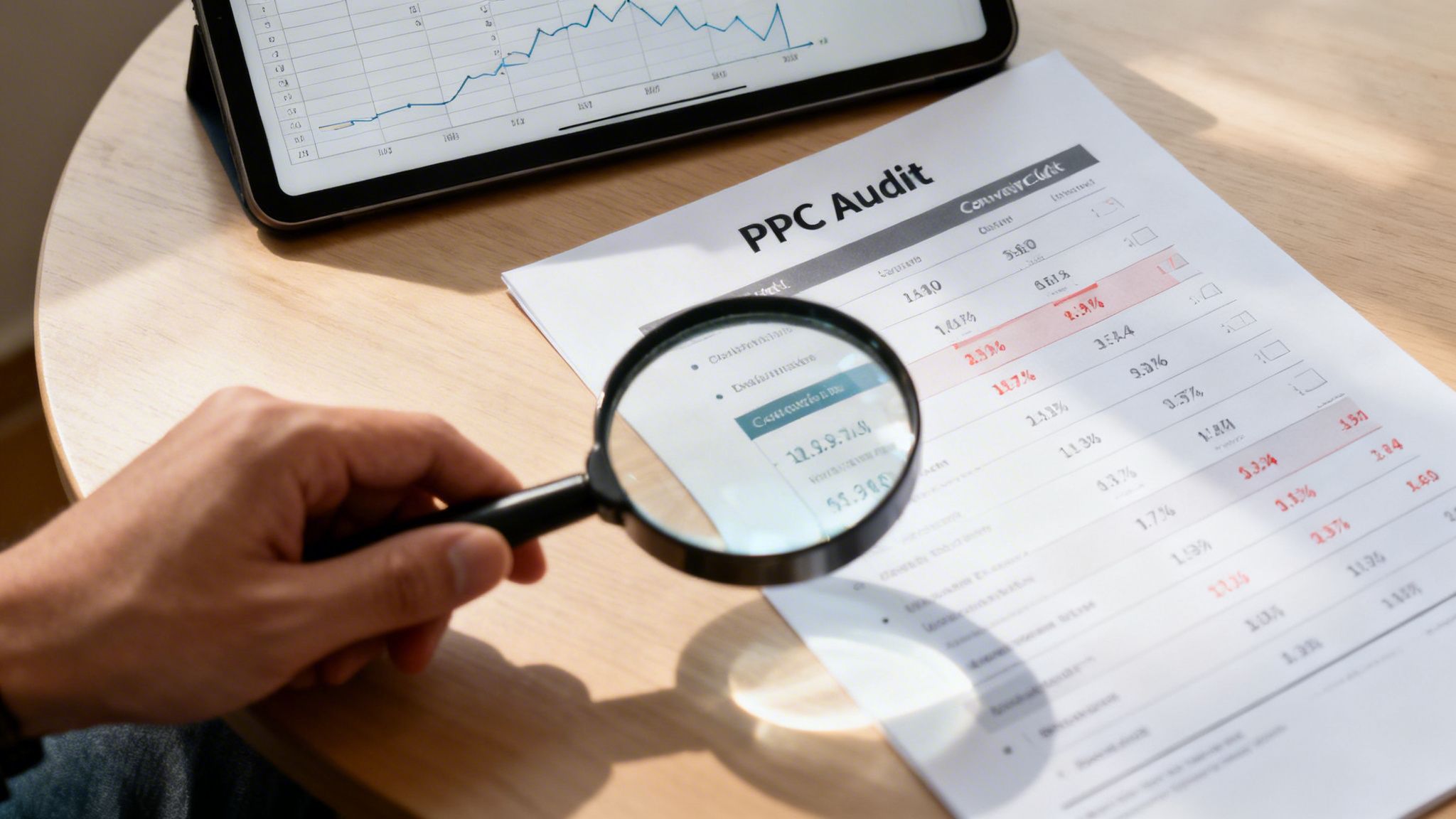 A person's hand holds a magnifying glass over a PPC audit document with data and a tablet showing a graph.