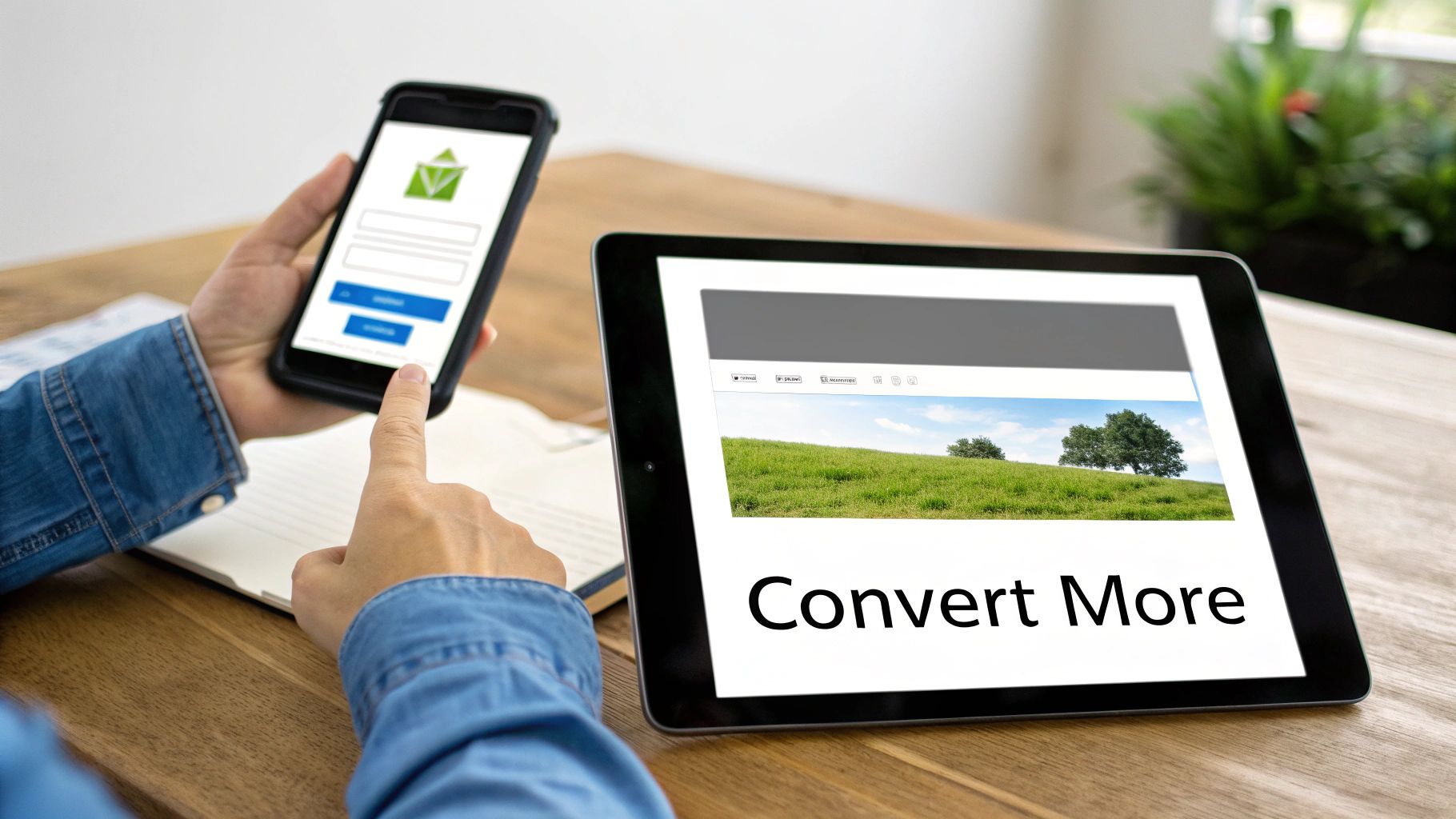 A person optimizing a landing page on a laptop, with conversion rate graphs in the background