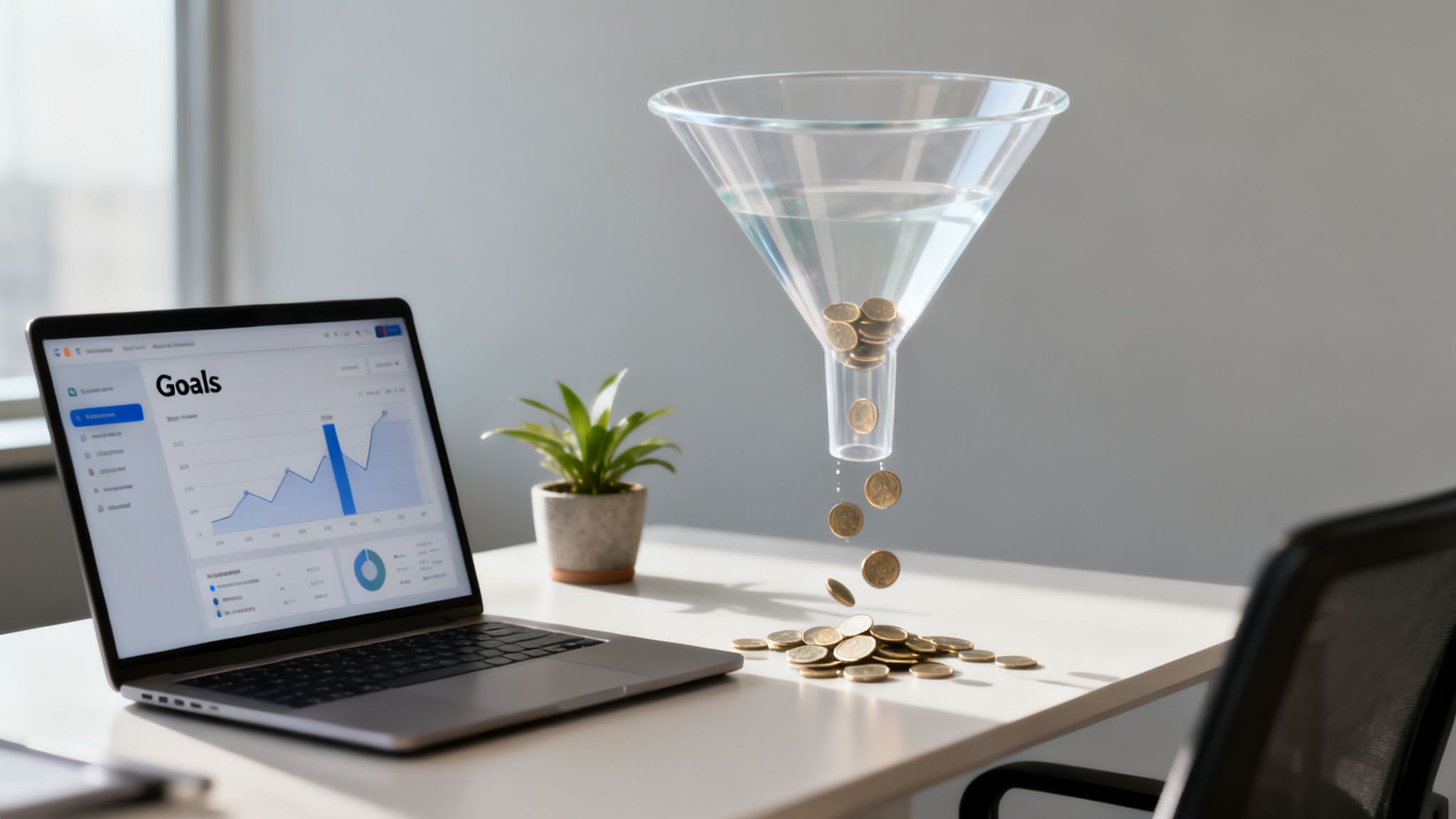 A laptop showing a 'Goals' dashboard with a graph, a plant, and a funnel pouring coins.