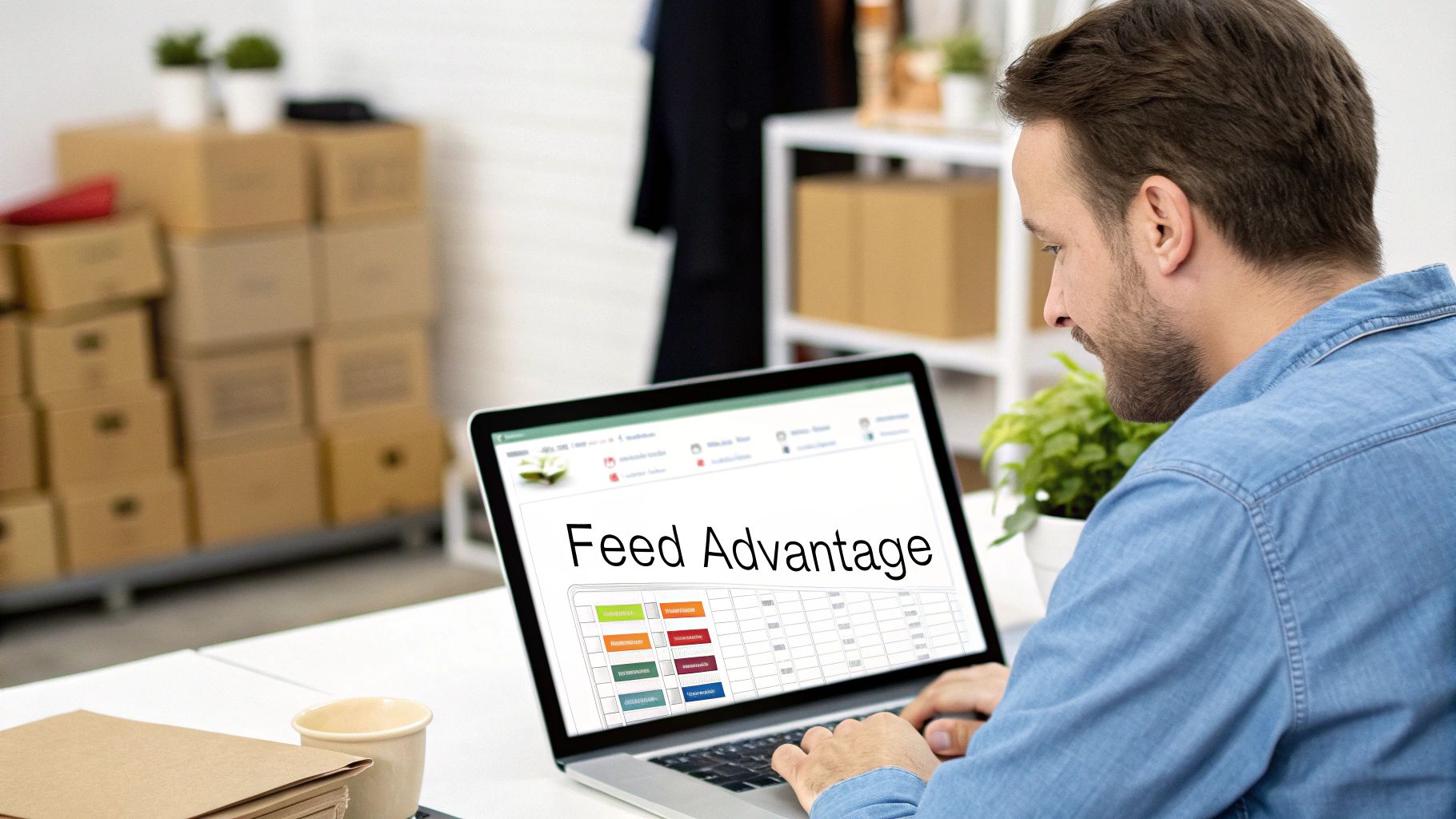 A person working on a laptop with data visualizations in a background, representing Google Shopping feed management.