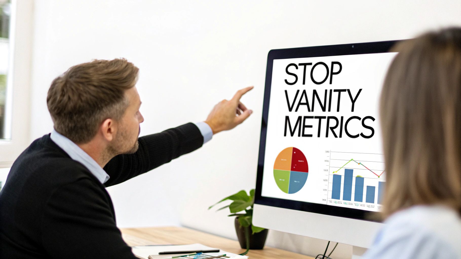 A person pointing at a Google Analytics dashboard on a computer screen, highlighting goal-setting features.