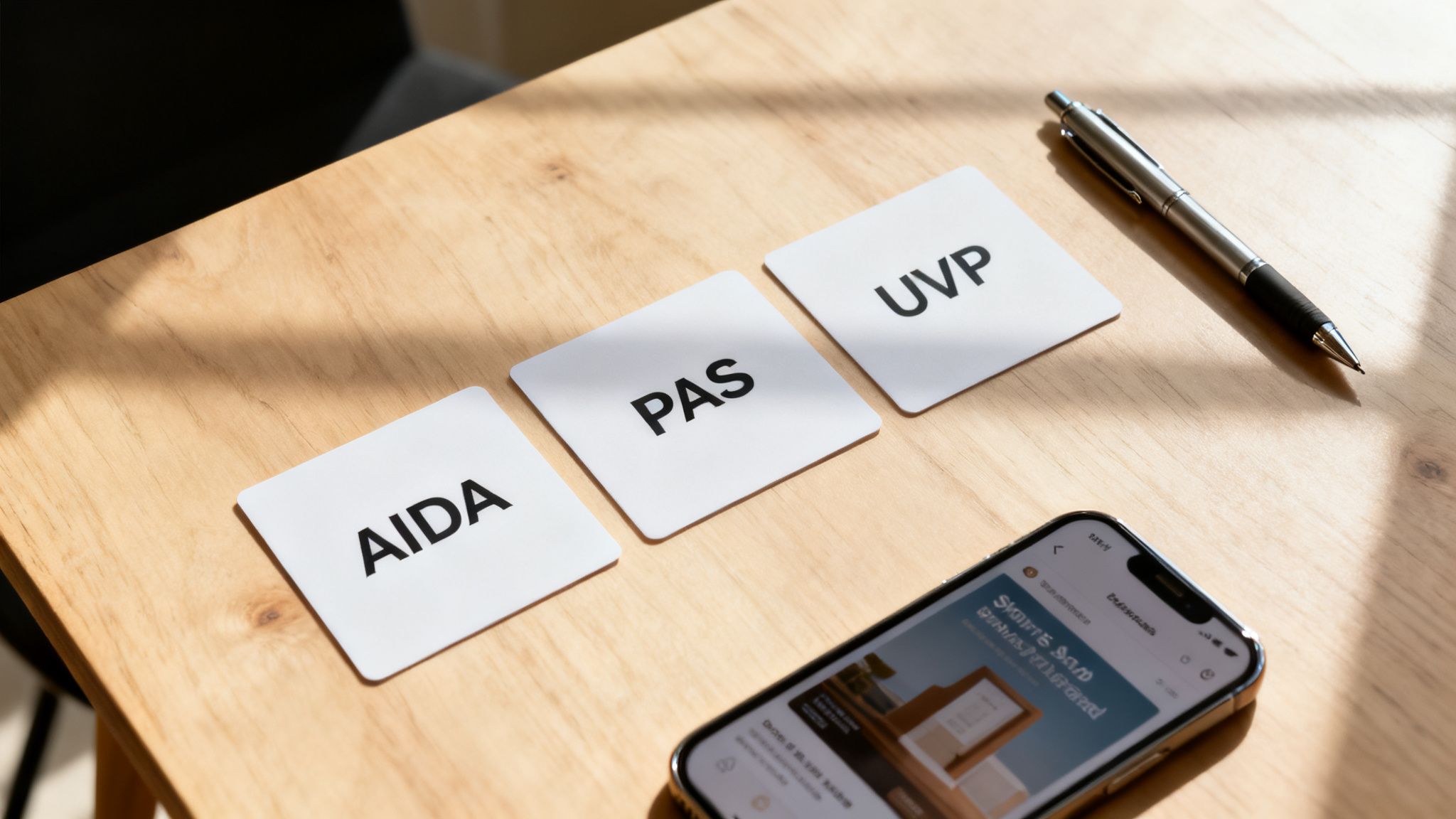 Three white cards displaying AIDA, PAS, and UVP acronyms on a wooden desk with a pen and smartphone.